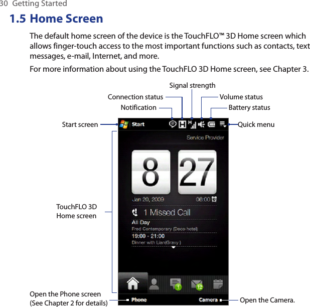 30  Getting Started1.5 Home ScreenThe default home screen of the device is the TouchFLO™ 3D Home screen which allows finger-touch access to the most important functions such as contacts, text messages, e-mail, Internet, and more.For more information about using the TouchFLO 3D Home screen, see Chapter 3.Start screenNotificationSignal strengthVolume statusBattery statusTouchFLO 3DHome screenConnection statusOpen the Phone screen (See Chapter 2 for details) Open the Camera.Quick menu