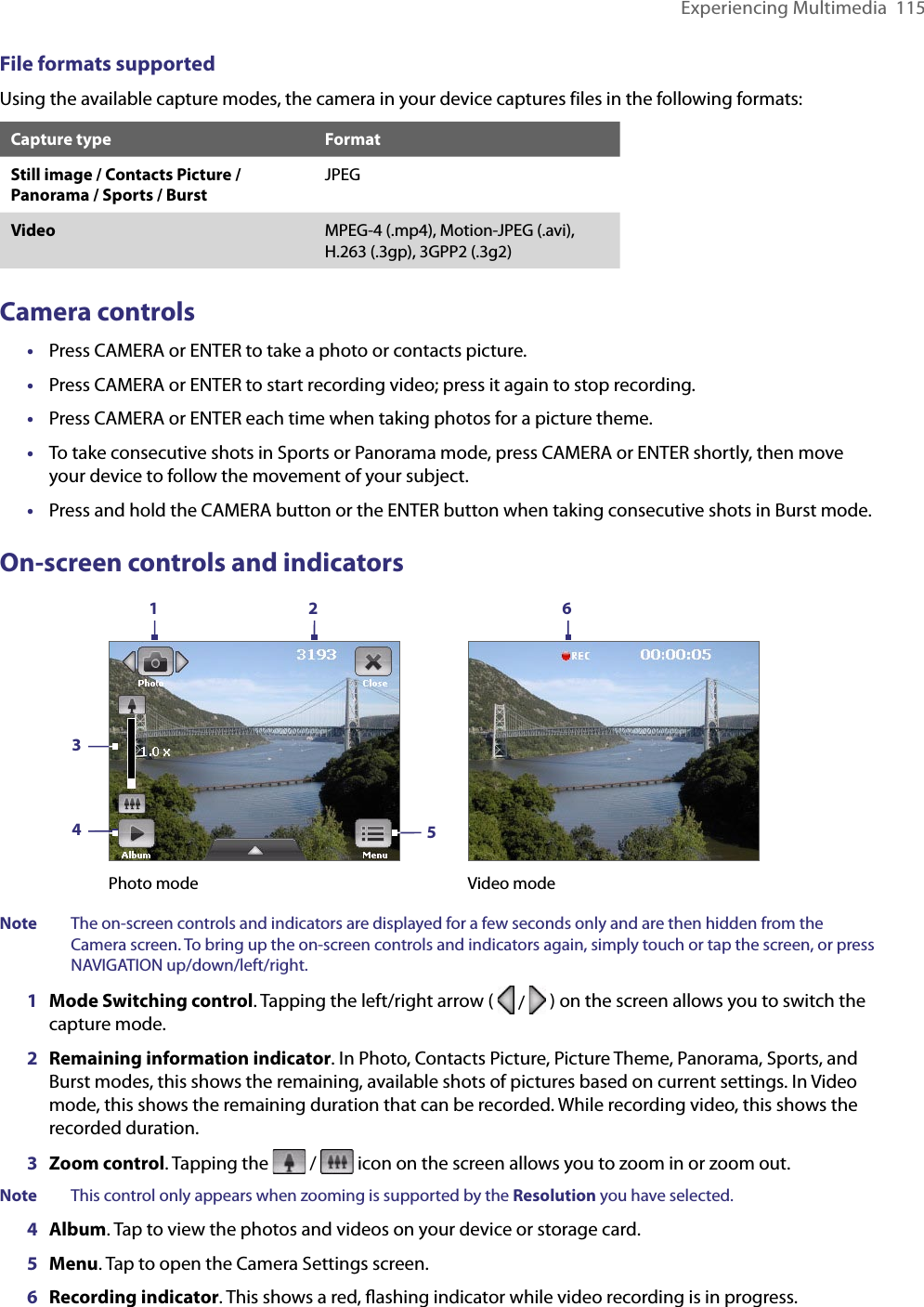 Experiencing Multimedia  115File formats supportedUsing the available capture modes, the camera in your device captures files in the following formats:Capture type FormatStill image / Contacts Picture / Panorama / Sports / BurstJPEGVideo MPEG-4 (.mp4), Motion-JPEG (.avi), H.263 (.3gp), 3GPP2 (.3g2)Camera controls•  Press CAMERA or ENTER to take a photo or contacts picture.•  Press CAMERA or ENTER to start recording video; press it again to stop recording.•  Press CAMERA or ENTER each time when taking photos for a picture theme.•  To take consecutive shots in Sports or Panorama mode, press CAMERA or ENTER shortly, then move your device to follow the movement of your subject.•  Press and hold the CAMERA button or the ENTER button when taking consecutive shots in Burst mode.On-screen controls and indicators Video modePhoto mode123456Note  The on-screen controls and indicators are displayed for a few seconds only and are then hidden from the Camera screen. To bring up the on-screen controls and indicators again, simply touch or tap the screen, or press NAVIGATION up/down/left/right.1  Mode Switching control. Tapping the left/right arrow (   /   ) on the screen allows you to switch the capture mode.2  Remaining information indicator. In Photo, Contacts Picture, Picture Theme, Panorama, Sports, and Burst modes, this shows the remaining, available shots of pictures based on current settings. In Video mode, this shows the remaining duration that can be recorded. While recording video, this shows the recorded duration.3  Zoom control. Tapping the   /   icon on the screen allows you to zoom in or zoom out.Note  This control only appears when zooming is supported by the Resolution you have selected.4  Album. Tap to view the photos and videos on your device or storage card.5  Menu. Tap to open the Camera Settings screen.6 Recording indicator. This shows a red, ﬂashing indicator while video recording is in progress.