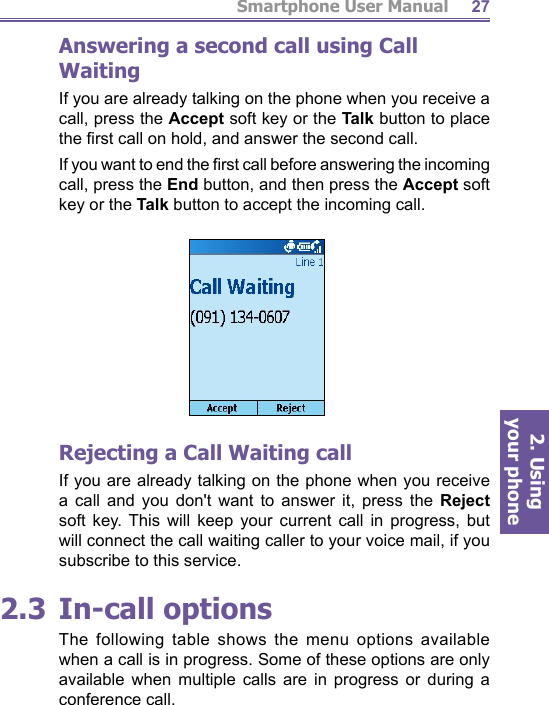 Smartphone User Manual2. Using  your phone27Answering a second call using Call WaitingIf you are already talking on the phone when you receive a call, press the Accept soft key or the Talk button to place the ﬁ rst call on hold, and answer the second call.If you want to end the ﬁ rst call before answering the in com ing call, press the End button, and then press the Ac cept soft key or the Talk button to accept the incoming call.Rejecting a Call Waiting callIf you are already talking on the phone when you receive a call and you don&apos;t want to answer it, press the Reject soft key. This will keep your current call in progress, but will connect the call waiting caller to your voice mail, if you sub scribe to this service.2.3 In-call optionsThe following table shows the menu options available when a call is in progress. Some of these options are only avail able when multiple calls are in progress or during a con fer ence call.