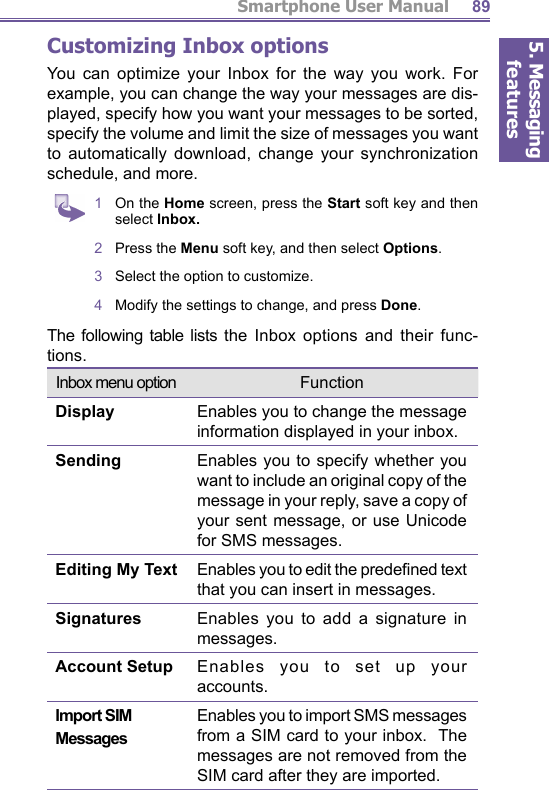 5. Messaging featuresSmartphone User Manual 89Customizing Inbox optionsYou can optimize your Inbox for the way you work. For example, you can change the way your messages are dis-played, specify how you want your messages to be sorted, specify the volume and limit the size of messages you want to automatically download, change your syn chro ni za tion schedule, and more.1  On the Home screen, press the Start soft key and then select Inbox.2  Press the Menu soft key, and then select Options.3  Select the option to customize.4  Modify the settings to change, and press Done.Inbox menu option FunctionDisplay Enables you to change the message information displayed in your inbox.Sending Enables you to specify whether you want to include an original copy of the message in your reply, save a copy of your sent message, or use Unicode for SMS messages.Editing My Text Enables you to edit the predeﬁ ned text that you can insert in messages.Signatures Enables you to add a signature in messages.Account Setup Enables you to set up your accounts.Import SIM MessagesEnables you to import SMS messages from a SIM card to your inbox.  The messages are not removed from the SIM card after they are imported.The following table lists the Inbox options and their func- tions.