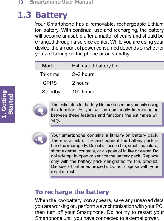          Smartphone User Manual1. Getting Started101.3 BatteryYour Smartphone has a removable, rechargeable Lithium ion battery. With continual use and recharging, the battery will become unusable after a matter of years and should be changed through a service center. While you are using your device, the amount of power consumed depends on wheth er you are talking on the phone or on standby. The estimates for battery life are based on you only using this function. As you will be continually in ter chang ing be tween these features and functions the es ti mates will vary.Your smartphone contains a lithium-ion battery pack. There is a risk of ﬁ re and burns if the battery pack is handled improperly. Do not disassemble, crush, puncture, short external contacts, or dispose of in ﬁ re or water. Do not attempt to open or service the battery pack. Replace only with the battery pack designated for this product. Dispose of batteries properly. Do not dispose with your regular trash.To recharge the batteryWhen the low-battery icon appears, save any unsaved data you are working on, perform a synchronization with your PC, then turn off your Smartphone. Do not try to restart your Smartphone until you have connected to external pow er.Mode Estimated battery life Talk time 2~3 hoursGPRS 2 hoursStandby 100 hours