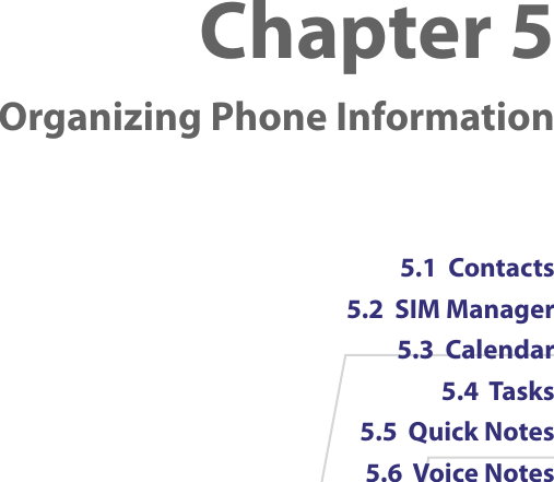 Chapter 5  Organizing Phone Information5.1  Contacts 5.2  SIM Manager5.3  Calendar5.4  Tasks5.5  Quick Notes5.6  Voice Notes
