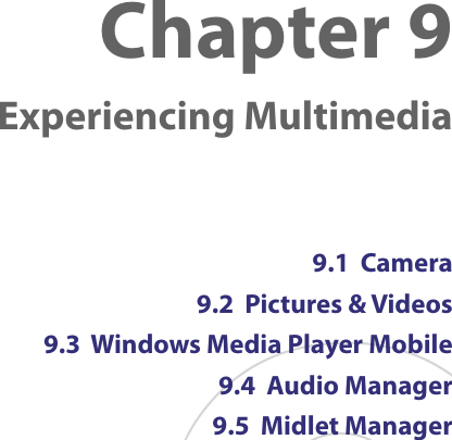 Chapter 9  Experiencing Multimedia9.1  Camera9.2  Pictures &amp; Videos9.3  Windows Media Player Mobile9.4  Audio Manager9.5  Midlet Manager