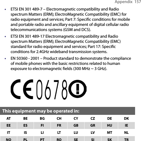 Appendix  157• ETSI EN 301 489-7 – Electromagnetic compatibility and Radio spectrum Matters (ERM); ElectroMagnetic Compatibility (EMC) for radio equipment and services; Part 7: Specific conditions for mobile and portable radio and ancillary equipment of digital cellular radio telecommunications systems (GSM and DCS).• ETSI EN 301 489-17 Electromagnetic compatibility and Radio spectrum Matters (ERM); ElectroMagnetic Compatibility (EMC) standard for radio equipment and services; Part 17: Specific conditions for 2.4GHz wideband transmission systems.• EN 50360 - 2001 – Product standard to demonstrate the compliance of mobile phones with the basic restrictions related to human exposure to electromagnetic fields (300 MHz ~ 3 GHz). This equipment may be operated in:AT BE BG CH CY CZ DE DKEE ES FI FR GB GR HU IEIT IS LI LT LU LV MT NLNO PL PT RO SE SI SK TR