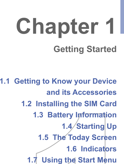 1.1  Getting to Know your Deviceand its Accessories1.2  Installing the SIM Card1.3  Battery Information1.4  Starting Up1.5  The Today Screen1.6  Indicators1.7  Using the Start MenuChapter 1Getting Started