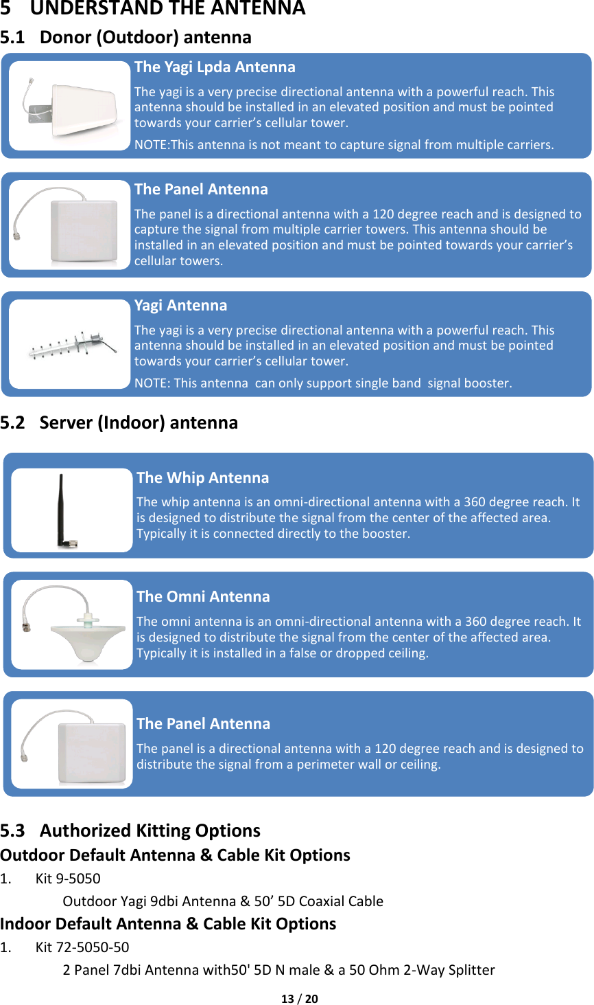   13 / 20  5 UNDERSTAND THE ANTENNA 5.1   Donor (Outdoor) antenna  5.2   Server (Indoor) antenna            5.3   Authorized Kitting Options     Outdoor Default Antenna &amp; Cable Kit Options         1.      Kit 9-5050    Outdoor Yagi 9dbi Antenna &amp; 50’ 5D Coaxial Cable     Indoor Default Antenna &amp; Cable Kit Options   1.      Kit 72-5050-50   2 Panel 7dbi Antenna with50&apos; 5D N male &amp; a 50 Ohm 2-Way Splitter     The Yagi Lpda Antenna The yagi is a very precise directional antenna with a powerful reach. This antenna should be installed in an elevated position and must be pointed towards your carrier’s cellular tower.  NOTE:This antenna is not meant to capture signal from multiple carriers. The Panel Antenna The panel is a directional antenna with a 120 degree reach and is designed to capture the signal from multiple carrier towers. This antenna should be installed in an elevated position and must be pointed towards your carrier’s cellular towers. Yagi Antenna The yagi is a very precise directional antenna with a powerful reach. This antenna should be installed in an elevated position and must be pointed towards your carrier’s cellular tower.  NOTE: This antenna  can only support single band  signal booster. The Whip Antenna The whip antenna is an omni-directional antenna with a 360 degree reach. It is designed to distribute the signal from the center of the affected area. Typically it is connected directly to the booster. The Omni Antenna The omni antenna is an omni-directional antenna with a 360 degree reach. It is designed to distribute the signal from the center of the affected area. Typically it is installed in a false or dropped ceiling. The Panel Antenna The panel is a directional antenna with a 120 degree reach and is designed to distribute the signal from a perimeter wall or ceiling.  