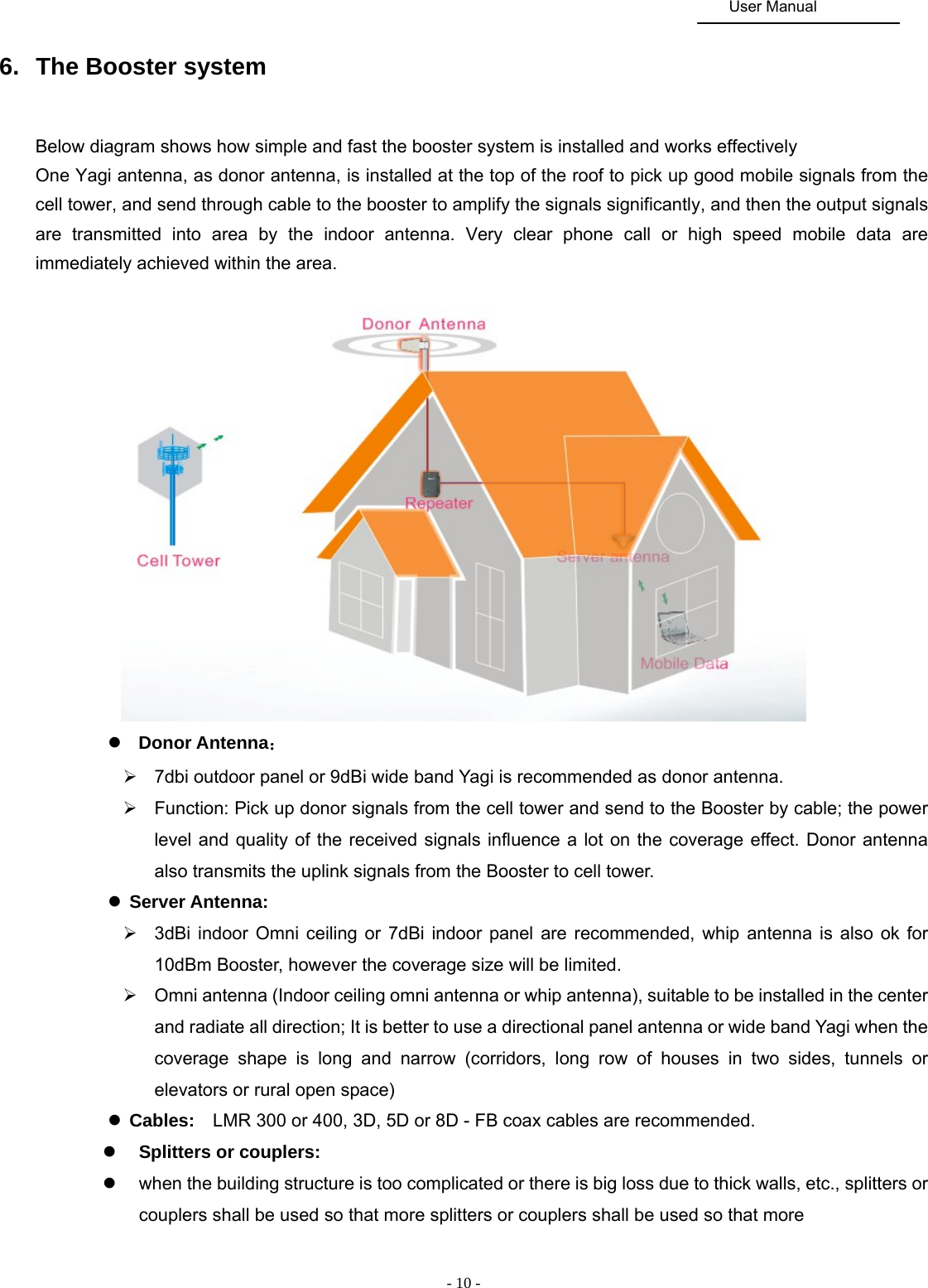                                                                                               User Manual  - 10 -   6.  The Booster system   Below diagram shows how simple and fast the booster system is installed and works effectively One Yagi antenna, as donor antenna, is installed at the top of the roof to pick up good mobile signals from the cell tower, and send through cable to the booster to amplify the signals significantly, and then the output signals are transmitted into area by the indoor antenna. Very clear phone call or high speed mobile data are immediately achieved within the area.   z  Donor Antenna： ¾  7dbi outdoor panel or 9dBi wide band Yagi is recommended as donor antenna. ¾  Function: Pick up donor signals from the cell tower and send to the Booster by cable; the power level and quality of the received signals influence a lot on the coverage effect. Donor antenna also transmits the uplink signals from the Booster to cell tower. z Server Antenna: ¾  3dBi indoor Omni ceiling or 7dBi indoor panel are recommended, whip antenna is also ok for 10dBm Booster, however the coverage size will be limited. ¾  Omni antenna (Indoor ceiling omni antenna or whip antenna), suitable to be installed in the center and radiate all direction; It is better to use a directional panel antenna or wide band Yagi when the coverage shape is long and narrow (corridors, long row of houses in two sides, tunnels or elevators or rural open space) z Cables:    LMR 300 or 400, 3D, 5D or 8D - FB coax cables are recommended. z Splitters or couplers:   z  when the building structure is too complicated or there is big loss due to thick walls, etc., splitters or couplers shall be used so that more splitters or couplers shall be used so that more  