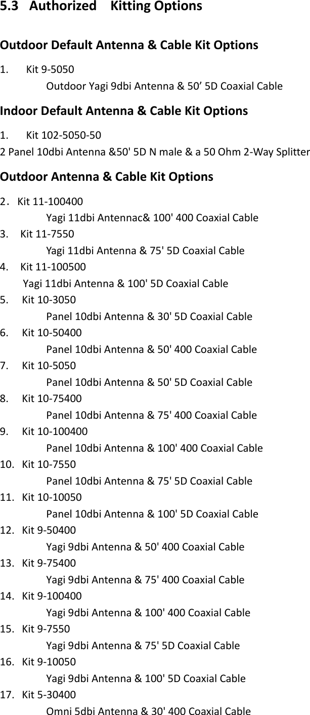 5.3   Authorized  Kitting Options     Outdoor Default Antenna &amp; Cable Kit Options         1.      Kit 9-5050    Outdoor Yagi 9dbi Antenna &amp; 50’ 5D Coaxial Cable     Indoor Default Antenna &amp; Cable Kit Options   1.      Kit 102-5050-50   2 Panel 10dbi Antenna &amp;50&apos; 5D N male &amp; a 50 Ohm 2-Way Splitter   Outdoor Antenna &amp; Cable Kit Options 2．Kit 11-100400 Yagi 11dbi Antennac&amp; 100&apos; 400 Coaxial Cable 3.    Kit 11-7550 Yagi 11dbi Antenna &amp; 75&apos; 5D Coaxial Cable 4.    Kit 11-100500 Yagi 11dbi Antenna &amp; 100&apos; 5D Coaxial Cable 5. Kit 10-3050 Panel 10dbi Antenna &amp; 30&apos; 5D Coaxial Cable 6. Kit 10-50400 Panel 10dbi Antenna &amp; 50&apos; 400 Coaxial Cable 7. Kit 10-5050 Panel 10dbi Antenna &amp; 50&apos; 5D Coaxial Cable 8. Kit 10-75400 Panel 10dbi Antenna &amp; 75&apos; 400 Coaxial Cable 9. Kit 10-100400 Panel 10dbi Antenna &amp; 100&apos; 400 Coaxial Cable 10. Kit 10-7550 Panel 10dbi Antenna &amp; 75&apos; 5D Coaxial Cable 11. Kit 10-10050 Panel 10dbi Antenna &amp; 100&apos; 5D Coaxial Cable 12. Kit 9-50400 Yagi 9dbi Antenna &amp; 50&apos; 400 Coaxial Cable 13. Kit 9-75400 Yagi 9dbi Antenna &amp; 75&apos; 400 Coaxial Cable 14. Kit 9-100400 Yagi 9dbi Antenna &amp; 100&apos; 400 Coaxial Cable 15. Kit 9-7550 Yagi 9dbi Antenna &amp; 75&apos; 5D Coaxial Cable 16. Kit 9-10050 Yagi 9dbi Antenna &amp; 100&apos; 5D Coaxial Cable 17. Kit 5-30400 Omni 5dbi Antenna &amp; 30&apos; 400 Coaxial Cable 