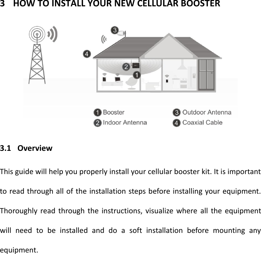 3 HOW TO INSTALL YOUR NEW CELLULAR BOOSTER  3.1   Overview This guide will help you properly install your cellular booster kit. It is important to read through all of the installation steps before installing your equipment. Thoroughly  read  through the  instructions,  visualize  where  all  the  equipment will  need  to  be  installed  and  do  a  soft  installation  before  mounting  any equipment. 