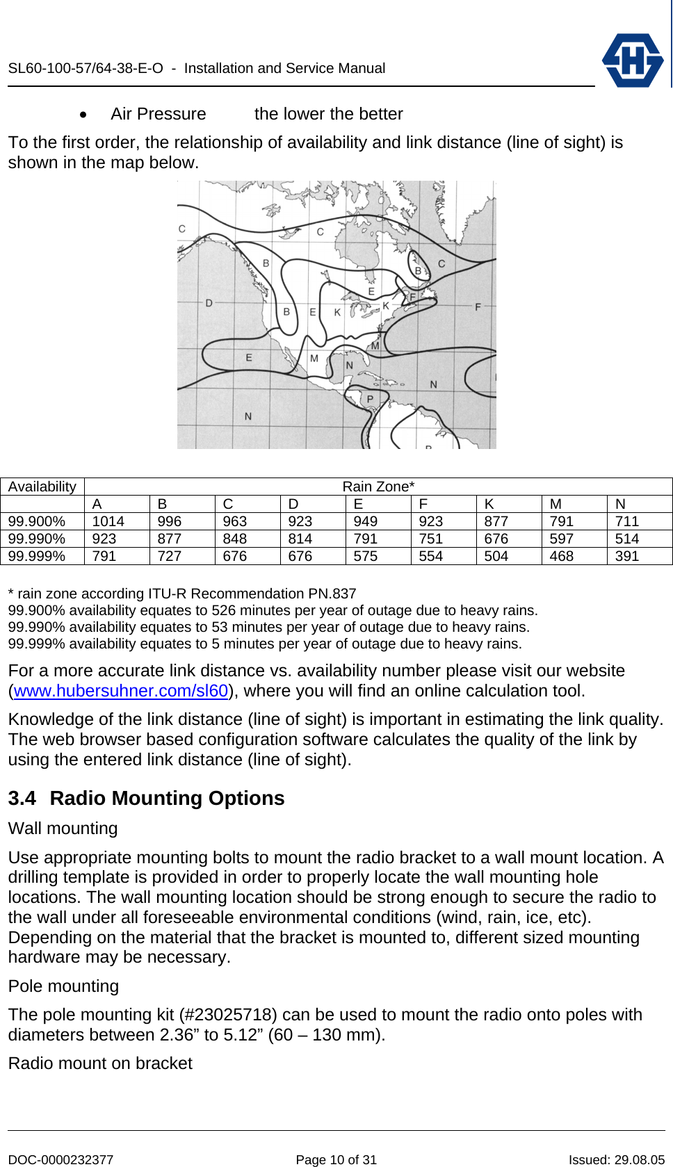 SL60-100-57/64-38-E-O  -  Installation and Service Manual   DOC-0000232377  Page 10 of 31  Issued: 29.08.05 •  Air Pressure  the lower the better To the first order, the relationship of availability and link distance (line of sight) is shown in the map below.   Availability Rain Zone*   A B C D E F K M N 99.900% 1014 996 963 923 949 923 877 791 711 99.990% 923 877 848 814 791 751 676 597 514 99.999% 791 727 676 676 575 554 504 468 391  * rain zone according ITU-R Recommendation PN.837 99.900% availability equates to 526 minutes per year of outage due to heavy rains. 99.990% availability equates to 53 minutes per year of outage due to heavy rains. 99.999% availability equates to 5 minutes per year of outage due to heavy rains. For a more accurate link distance vs. availability number please visit our website (www.hubersuhner.com/sl60), where you will find an online calculation tool. Knowledge of the link distance (line of sight) is important in estimating the link quality. The web browser based configuration software calculates the quality of the link by using the entered link distance (line of sight). 3.4 Radio Mounting Options Wall mounting Use appropriate mounting bolts to mount the radio bracket to a wall mount location. A drilling template is provided in order to properly locate the wall mounting hole locations. The wall mounting location should be strong enough to secure the radio to the wall under all foreseeable environmental conditions (wind, rain, ice, etc). Depending on the material that the bracket is mounted to, different sized mounting hardware may be necessary. Pole mounting The pole mounting kit (#23025718) can be used to mount the radio onto poles with diameters between 2.36” to 5.12” (60 – 130 mm). Radio mount on bracket 