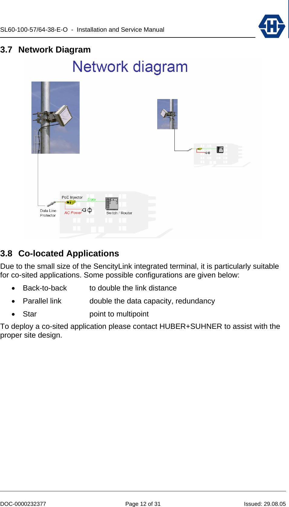 SL60-100-57/64-38-E-O  -  Installation and Service Manual   DOC-0000232377  Page 12 of 31  Issued: 29.08.05 3.7 Network Diagram  3.8 Co-located Applications Due to the small size of the SencityLink integrated terminal, it is particularly suitable for co-sited applications. Some possible configurations are given below: •  Back-to-back  to double the link distance •  Parallel link  double the data capacity, redundancy •  Star  point to multipoint To deploy a co-sited application please contact HUBER+SUHNER to assist with the proper site design. 