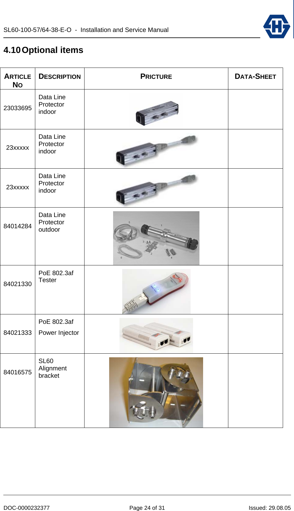 SL60-100-57/64-38-E-O  -  Installation and Service Manual   DOC-0000232377  Page 24 of 31  Issued: 29.08.05 4.10 Optional  items  ARTICLE NO DESCRIPTION PRICTURE DATA-SHEET  23033695 Data Line Protector indoor    23xxxxx Data Line Protector indoor    23xxxxx Data Line Protector indoor    84014284 Data Line Protector outdoor    84021330 PoE 802.3af Tester    84021333 PoE 802.3af Power Injector    84016575 SL60 Alignment bracket   