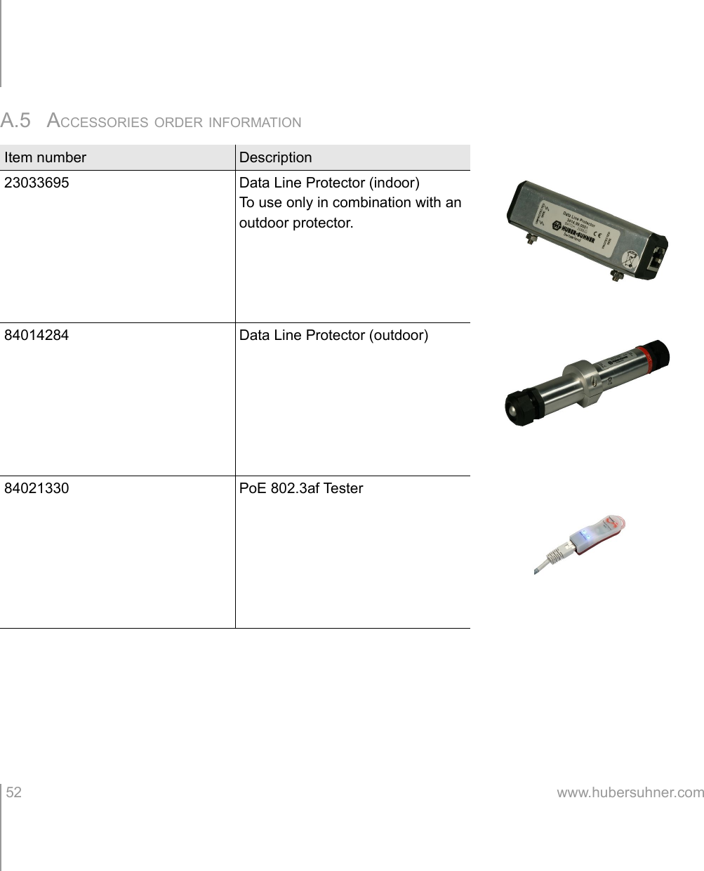 A.5 ACCESSORIES ORDER INFORMATIONItem number Description23033695 Data Line Protector (indoor)To use only in combination with an outdoor protector.84014284 Data Line Protector (outdoor)84021330 PoE 802.3af Tester 52 www.hubersuhner.com