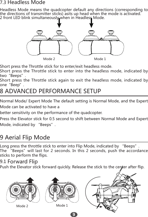 7.3 Headless ModeHeadless Mode means the quadcopter default any directions (corresponding to the directions of transmitter sticks) asits up head when the mode is activated.2 front LED blink simultaneously when in Headless Mode.Mode 2Mode 2Mode 1Mode 1Short press the Throttle stick for to enter/exit headless mode.Short press the Throttle stick to enter into the headless mode, indicated by two&ldquo;Beeps&rdquo;.Short press the Throttle stick again to exit the headless mode, indicated by one&ldquo;Beep&rdquo;. 8 ADVANCED PERFORMANCE SETUPNormal Mode/ Expert Mode The default setting is Normal Mode, and the Expert Mode can be activated to have abetter sensitivity on the performance of the quadcopter.Press the Elevator stick for 0.5 second to shift between Normal Mode and Expert Mode, indicated by &ldquo;Beeps&rdquo;.9 Aerial Flip ModeLong press the throttle stick to enter into Flip Mode, indicated by &ldquo;Beeps&rdquo;.The &ldquo;Beeps&rdquo;will last for 2 seconds. In this 2 seconds, push the accordance sticks to perform the flips.9.1 Forward FlipPush the Elevator stick forward quickly. Release the stick to the center after flip.9