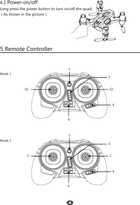 4.2 Power-on/offLong press the power button to turn on/off the quad.（As shown in the picture）5 Remote Controller (1)1443 3 6 5 5  Mode 16 Mode 2(2) 2   