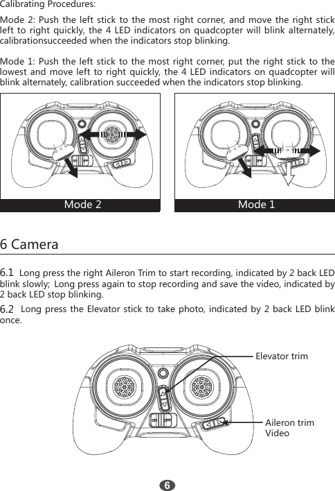 Calibrating Procedures:Mode 2: Push the left stick to the most right corner, and move the right stick left to right quickly, the 4 LED indicators on quadcopter will blink alternately, calibrationsucceeded when the indicators stop blinking.Mode 1: Push the left stick to the most right corner, put the right stick to the lowest and move left to right quickly, the 4 LED indicators on quadcopter will blink alternately, calibration succeeded when the indicators stop blinking.6 Camera6.1  Long press the right Aileron Trim to start recording, indicated by 2 back LED blink slowly;  Long press again to stop recording and save the video, indicated by 2 back LED stop blinking.6.2  Long press the Elevator stick to take photo, indicated by 2 back LED blink once. Elevator trimAileron trimVideo6Mode 2  Mode 1