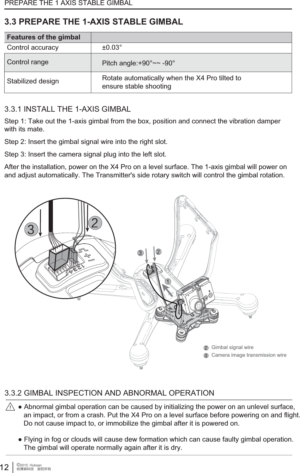 12 &copy;2015  HubsanֻӰ೨ሙ੿ǋྠిਫ਼ద3.3 PREPARE THE 1-AXIS STABLE GIMBALPREPARE THE 1 AXIS STABLE GIMBALFeatures of the gimbalControl accuracy &plusmn;0.03&deg;Control range Pitch angle:+90&deg;~~ -90&deg;Stabilized design Rotate automatically when the X4 Pro tilted to ensure stable shooting3.3.1 INSTALL THE 1-AXIS GIMBALStep 1: Take out the 1-axis gimbal from the box, position and connect the vibration damperwith its mate.Step 2: Insert the gimbal signal wire into the right slot.Step 3: Insert the camera signal plug into the left slot.After the installation, power on the X4 Pro on a level surface. The 1-axis gimbal will power onand adjust automatically. The Transmitter's side rotary switch will control the gimbal rotation.Gimbal signal wireCamera image transmission wireƔ$EQRUPDOJLPEDORSHUDWLRQFDQEHFDXVHGE\LQLWLDOL]LQJWKHSRZHURQDQXQOHYHOVXUIDFH   an impact, or from a crash. Put the X4 Pro on a level surface before powering on and flight.   Do not cause impact to, or immobilize the gimbal after it is powered on.Ɣ)O\LQJLQIRJRUFORXGVZLOOFDXVHGHZIRUPDWLRQZKLFKFDQFDXVHIDXOW\JLPEDORSHUDWLRQ   The gimbal will operate normally again after it is dry.3.3.2 GIMBAL INSPECTION AND ABNORMAL OPERATION