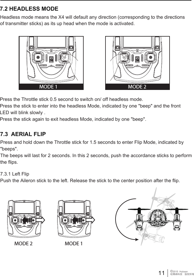 MODE 1 MODE 2Press the Throttle stick 0.5 second to switch on/ off headless mode.Press the stick to enter into the headless Mode, indicated by one "beep" and the front LED will blink slowly .Press the stick again to exit headless Mode, indicated by one "beep".Headless mode means the X4 will default any direction (corresponding to the directions of transmitter sticks) as its up head when the mode is activated.7.2 HEADLESS MODE11 &copy;2015  Hubsan哈博森科技　版权所有7.3  AERIAL FLIP MODE 2 MODE 17.3.1 Left FlipPush the Aileron stick to the left. Release the stick to the center position after the flip.Press and hold down the Throttle stick for 1.5 seconds to enter Flip Mode, indicated by "beeps". The beeps will last for 2 seconds. In this 2 seconds, push the accordance sticks to perform the flips.