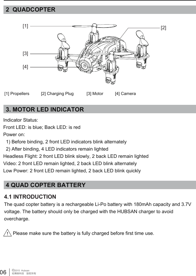  [1] Propellers          [2] Charging Plug           [3] Motor          [4] Camera2  QUADCOPTERIndicator Status:Front LED: is blue; Back LED: is redPower on:   1) Before binding, 2 front LED indicators blink alternately  2) After binding, 4 LED indicators remain lightedHeadless Flight: 2 front LED blink slowly, 2 back LED remain lightedVideo: 2 front LED remain lighted, 2 back LED blink alternatelyLow Power: 2 front LED remain lighted, 2 back LED blink quickly3. MOTOR LED INDICATOR[1][3][4][2]4 QUAD COPTER BATTERY4.1 INTRODUCTIONThe quad copter battery is a rechargeable Li-Po battery with 180mAh capacity and 3.7V voltage. The battery should only be charged with the HUBSAN charger to avoid overcharge.Please make sure the battery is fully charged before first time use.06 &copy;2015  Hubsan哈博森科技　版权所有