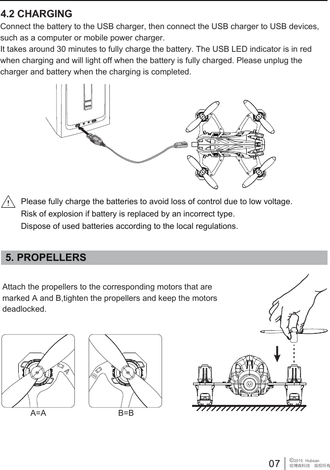 4.2 CHARGINGConnect the battery to the USB charger, then connect the USB charger to USB devices, such as a computer or mobile power charger. It takes around 30 minutes to fully charge the battery. The USB LED indicator is in red when charging and will light off when the battery is fully charged. Please unplug the charger and battery when the charging is completed.5. PROPELLERSPlease fully charge the batteries to avoid loss of control due to low voltage.Risk of explosion if battery is replaced by an incorrect type. Dispose of used batteries according to the local regulations.Attach the propellers to the corresponding motors that are marked A and B,tighten the propellers and keep the motors deadlocked.A=A B=B07 &copy;2015  Hubsan哈博森科技　版权所有