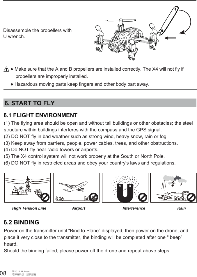 ● Hazardous moving parts keep fingers and other body part away.● Make sure that the A and B propellers are installed correctly. The X4 will not fly if     propellers are improperly installed. Disassemble the propellers with U wrench.6.1 FLIGHT ENVIRONMENT (1) The flying area should be open and without tall buildings or other obstacles; the steel structure within buildings interferes with the compass and the GPS signal.(2) DO NOT fly in bad weather such as strong wind, heavy snow, rain or fog.(3) Keep away from barriers, people, power cables, trees, and other obstructions. (4) Do NOT fly near radio towers or airports.(5) The X4 control system will not work properly at the South or North Pole.(6) DO NOT fly in restricted areas and obey your country's laws and regulations.6. START TO FLYHigh Tension Line RainInterferenceAirportPower on the transmitter until &ldquo;Bind to Plane&rdquo; displayed, then power on the drone, and place it very close to the transmitter, the binding will be completed after one &ldquo; beep&rdquo; heard. Should the binding failed, please power off the drone and repeat above steps.6.2 BINDING08 &copy;2015  Hubsan哈博森科技　版权所有