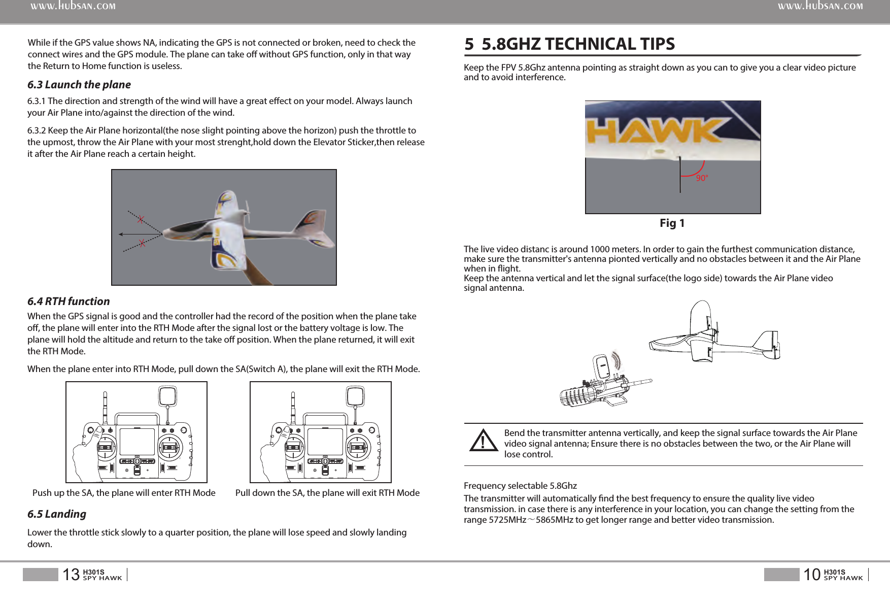 Keep the FPV 5.8Ghz antenna pointing as straight down as you can to give you a clear video picture and to avoid interference. The transmitter will automatically nd the best frequency to ensure the quality live video transmission. in case there is any interference in your location, you can change the setting from the range 5725MHz～5865MHz to get longer range and better video transmission.Fig 15  5.8GHZ TECHNICAL TIPS10SPY HAWKH301S13SPY HAWKH301Swww.hubsan.comwww.hubsan.comWhile if the GPS value shows NA, indicating the GPS is not connected or broken, need to check the connect wires and the GPS module. The plane can take o without GPS function, only in that way the Return to Home function is useless.6.3 Launch the plane6.4 RTH function6.3.1 The direction and strength of the wind will have a great eect on your model. Always launch your Air Plane into/against the direction of the wind.6.3.2 Keep the Air Plane horizontal(the nose slight pointing above the horizon) push the throttle to the upmost, throw the Air Plane with your most strenght,hold down the Elevator Sticker,then release it after the Air Plane reach a certain height.When the GPS signal is good and the controller had the record of the position when the plane take o, the plane will enter into the RTH Mode after the signal lost or the battery voltage is low. The plane will hold the altitude and return to the take o position. When the plane returned, it will exit the RTH Mode.When the plane enter into RTH Mode, pull down the SA(Switch A), the plane will exit the RTH Mode.6.5 Landing Lower the throttle stick slowly to a quarter position, the plane will lose speed and slowly landing down.Push up the SA, the plane will enter RTH Mode Pull down the SA, the plane will exit RTH Mode Frequency selectable 5.8Ghz The live video distanc is around 1000 meters. In order to gain the furthest communication distance, make sure the transmitter's antenna pionted vertically and no obstacles between it and the Air Plane when in ight.Keep the antenna vertical and let the signal surface(the logo side) towards the Air Plane video signal antenna.Bend the transmitter antenna vertically, and keep the signal surface towards the Air Plane video signal antenna; Ensure there is no obstacles between the two, or the Air Plane will lose control.!