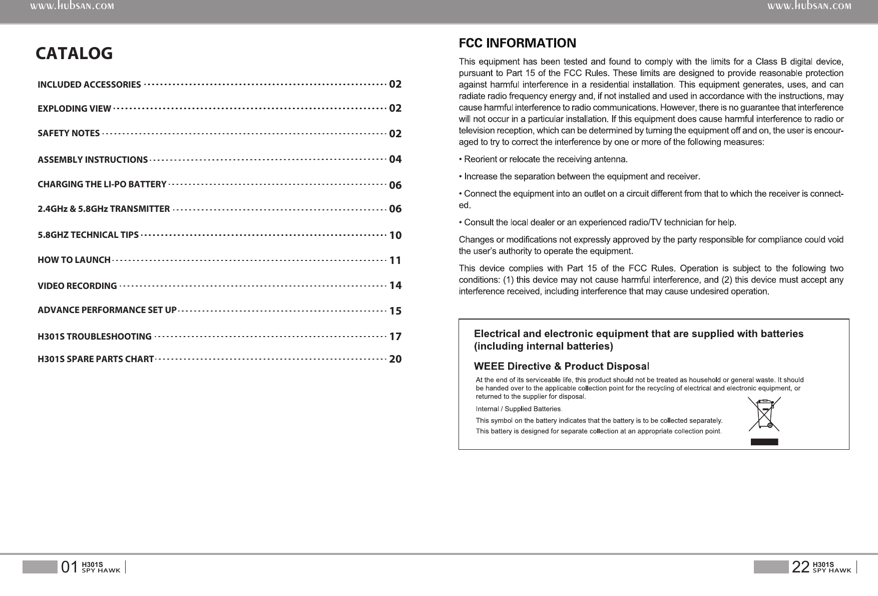 2.4GHz &amp; 5.8GHz TRANSMITTERCHARGING THE LI-PO BATTERYHOW TO LAUNCH22SPY HAWKH301S01SPY HAWKH301Swww.hubsan.comwww.hubsan.com5.8GHZ TECHNICAL TIPSCATALOGSAFETY NOTESASSEMBLY INSTRUCTIONS02EXPLODING VIEW02INCLUDED ACCESSORIES0204060610111415VIDEO RECORDINGADVANCE PERFORMANCE SET UPH301S TROUBLESHOOTING  17H301S SPARE PARTS CHART 20