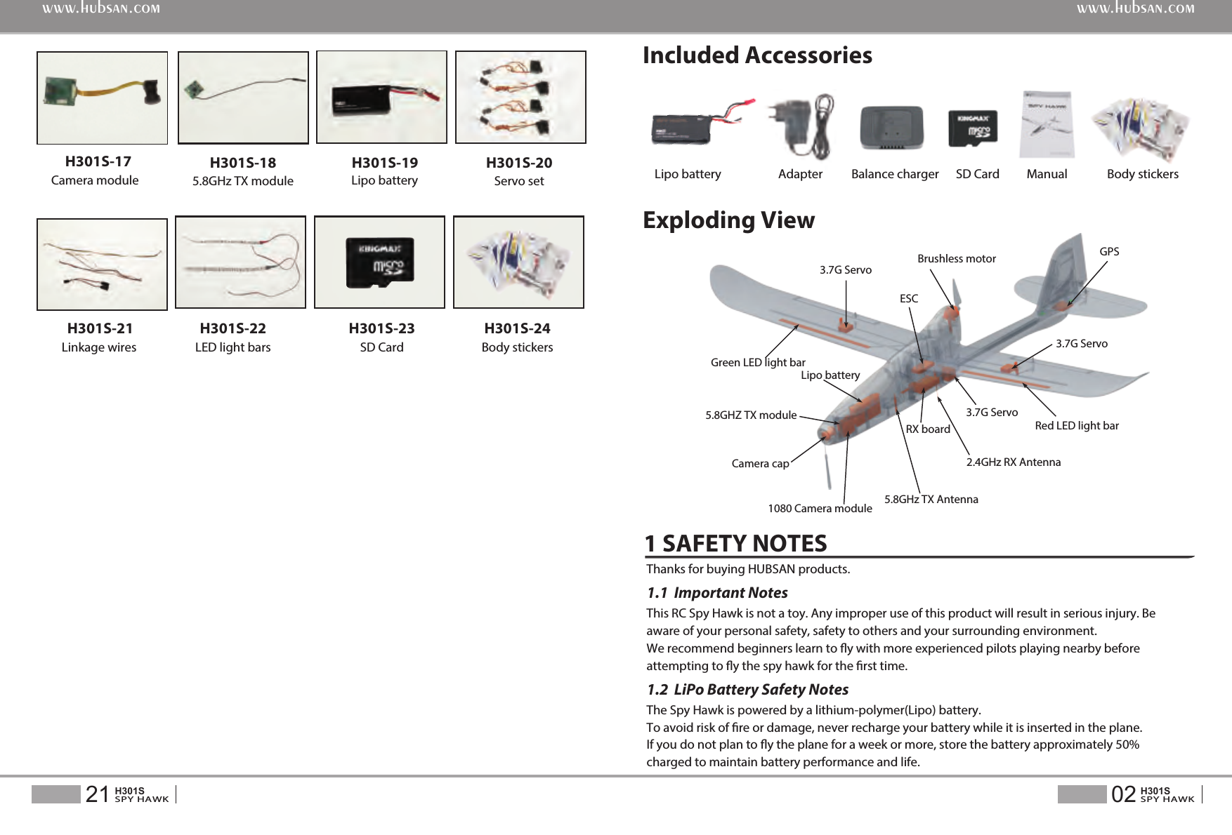 02SPY HAWKH301S21SPY HAWKH301Swww.hubsan.comwww.hubsan.comH301S-20Servo setH301S-19Lipo battery Lipo batteryH301S-23SD CardSD Card ManualH301S-185.8GHz TX moduleH301S-22LED light barsH301S-24Body stickersBody stickersH301S-21Linkage wires  Adapter Balance chargerCamera module H301S-173.7G Servo Brushless motorESCGPS3.7G ServoRed LED light bar3.7G Servo2.4GHz RX Antenna5.8GHz TX Antenna1080 Camera module5.8GHZ TX moduleLipo batteryGreen LED light barCamera capRX boardExploding ViewIncluded Accessories1 SAFETY NOTES If you do not plan to y the plane for a week or more, store the battery approximately 50% charged to maintain battery performance and life. To avoid risk of re or damage, never recharge your battery while it is inserted in the plane. The Spy Hawk is powered by a lithium-polymer(Lipo) battery.This RC Spy Hawk is not a toy. Any improper use of this product will result in serious injury. Be aware of your personal safety, safety to others and your surrounding environment. We recommend beginners learn to y with more experienced pilots playing nearby before attempting to y the spy hawk for the rst time.Thanks for buying HUBSAN products. 1.2  LiPo Battery Safety Notes1.1  Important Notes