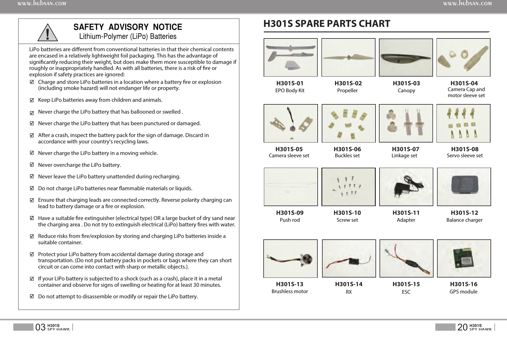 H301S SPARE PARTS CHART20SPY HAWKH301S03SPY HAWKH301Swww.hubsan.comwww.hubsan.comH301S-13Brushless motorH301S-11 H301S-12 Adapter Balance chargerH301S-09Push rodH301S-05H301S-03H301S-02PropellerH301S-08Servo sleeve setH301S-04H301S-07H301S-10Screw setH301S-06H301S-16GPS moduleH301S-01EPO Body Kit CanopyCamera sleeve setH301S-14RXH301S-15ESCBuckles set Linkage setCamera Cap and motor sleeve setCharge and store LiPo batteries in a location where a battery re or explosion (including smoke hazard) will not endanger life or property.Keep LiPo batteries away from children and animals.Never charge the LiPo battery that has ballooned or swelled .Never charge the LiPo battery that has been punctured or damaged. After a crash, inspect the battery pack for the sign of damage. Discard in accordance with your country&rsquo;s recycling laws.Never charge the LiPo battery in a moving vehicle.Never overcharge the LiPo battery.Never leave the LiPo battery unattended during recharging.Do not charge LiPo batteries near ammable materials or liquids.Ensure that charging leads are connected correctly. Reverse polarity charging can lead to battery damage or a re or explosion. Have a suitable re extinguisher (electrical type) OR a large bucket of dry sand near the charging area . Do not try to extinguish electrical (LiPo) battery res with water.Reduce risks from re/explosion by storing and charging LiPo batteries inside a suitable container.Protect your LiPo battery from accidental damage during storage and transportation. (Do not put battery packs in pockets or bags where they can short circuit or can come into contact with sharp or metallic objects.).If your LiPo battery is subjected to a shock (such as a crash), place it in a metal container and observe for signs of swelling or heating for at least 30 minutes.Do not attempt to disassemble or modify or repair the LiPo battery.LiPo batteries are dierent from conventional batteries in that their chemical contents are encased in a relatively lightweight foil packaging. This has the advantage of signicantly reducing their weight, but does make them more susceptible to damage if roughly or inappropriately handled. As with all batteries, there is a risk of re or explosion if safety practices are ignored:!