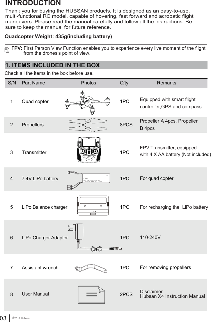 03 &copy;2016  Hubsan5LiPo Balance charger 1PC  For recharging the  LiPo batteryINTRODUCTION 1. ITEMS INCLUDED IN THE BOXCheck all the items in the box before use.S/N Part Name Photos Q'ty Remarks1 Quad copter 1PC Equipped with smart flightcontroller,GPS and compassPropeller A 4pcs, Propeller B 4pcs2 Propellers 8PCS7 Assistant wrench 1PC For removing propellers47.4V LiPo battery  1PC For quad copter6LiPo Charger Adapter 1PC 110-240VFPV: First Person View Function enables you to experience every live moment of the flight          from the drones's point of view.FPV Transmitter, equipped with 4 X AA battery (Not included)3 Transmitter 1PCThank you for buying the HUBSAN products. It is designed as an easy-to-use, multi-functional RC model, capable of hovering, fast forward and acrobatic ﬂight maneuvers. Please read the manual carefully and follow all the instructions. Be sure to keep the manual for future reference. 8 2PCS DisclaimerHubsan X4 Instruction Manual          User ManualQuadcopter Weight: 435g(including battery)