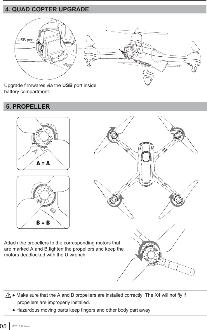 05 &copy;2016  Hubsan● Hazardous moving parts keep fingers and other body part away.● Make sure that the A and B propellers are installed correctly. The X4 will not fly if     propellers are improperly installed.  5. PROPELLER Attach the propellers to the corresponding motors that are marked A and B,tighten the propellers and keep the motors deadlocked with the U wrench.4. QUAD COPTER UPGRADE Upgrade firmwares via the USB port insidebattery compartment.USB port