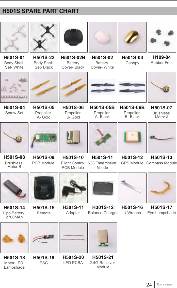 H501S SPARE PART CHARTH501S-01Body Shell Set- WhiteH501S-22Body Shell Set- BlackH501S-02B Battery Cover- BlackH501S-02Battery Cover- WhiteH501S-03CanopyH109-04Rubber FeetH501S-04Screw SetH501S-05Propeller A- GoldPropeller B- GoldH501S-06 H501S-05BPropeller A- BlackH501S-06BPropeller B- BlackH501S-07Brushless Motor AH501S-08 H501S-09PCB Module H501S-10Flight Control  PCB Module  H501S-115.8G Transmission ModuleH501S-13Compass ModuleH501S-14Lipo Battery 2700MAhH501S-15RemoteH301S-11AdapterH501S-17Eye LampshadeBrushless Motor BH501S-12GPS ModuleH501S-16U WrenchH301S-12Balance ChargerH501S-18Motor LED LampshadeH501S-19ESCH501S-20LED PCBAH501S-212.4G Receiver Module24 &copy;2016  Hubsan