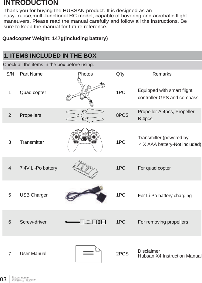 03 &copy;2016  Hubsan哈博森科技　版权所有   INTRODUCTION 1. ITEMS INCLUDED IN THE BOXCheck all the items in the box before using.S/N Part Name Photos Q'ty Remarks1 Quad copter 1PC Equipped with smart flightcontroller,GPS and compassPropeller A 4pcs, Propeller B 4pcs2 Propellers 8PCS6 Screw-driver 1PC For removing propellers47.4V Li-Po battery  1PC For quad copterTransmitter (powered by 4 X AAA battery-Not included)3 Transmitter 1PCThank you for buying the HUBSAN product. It is designed as an easy-to-use,multi-functional RC model, capable of hovering and acrobatic ﬂight maneuvers. Please read the manual carefully and follow all the instructions. Be sure to keep the manual for future reference.7 2PCS DisclaimerHubsan X4 Instruction Manual          User Manual5 1PCUSB Charger For Li-Po battery chargingQuadcopter Weight: 147g(including battery)