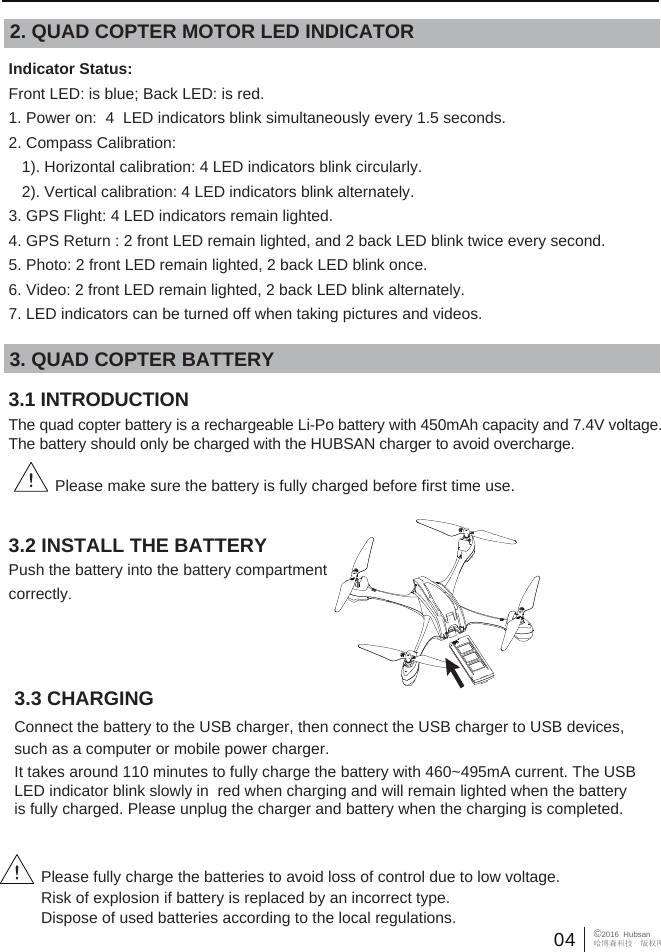 04 &copy;2016  Hubsan哈博森科技　版权所有Please fully charge the batteries to avoid loss of control due to low voltage.Risk of explosion if battery is replaced by an incorrect type. Dispose of used batteries according to the local regulations.2. QUAD COPTER MOTOR LED INDICATOR3. QUAD COPTER BATTERY3.1 INTRODUCTIONThe quad copter battery is a rechargeable Li-Po battery with 450mAh capacity and 7.4V voltage. The battery should only be charged with the HUBSAN charger to avoid overcharge.3.2 INSTALL THE BATTERYPush the battery into the battery compartment correctly.Please make sure the battery is fully charged before first time use.Indicator Status:Front LED: is blue; Back LED: is red.1. Power on:  4  LED indicators blink simultaneously every 1.5 seconds.2. Compass Calibration:    1). Horizontal calibration: 4 LED indicators blink circularly.   2). Vertical calibration: 4 LED indicators blink alternately.3. GPS Flight: 4 LED indicators remain lighted.4. GPS Return : 2 front LED remain lighted, and 2 back LED blink twice every second.5. Photo: 2 front LED remain lighted, 2 back LED blink once.    6. Video: 2 front LED remain lighted, 2 back LED blink alternately.7. LED indicators can be turned off when taking pictures and videos.3.3 CHARGINGConnect the battery to the USB charger, then connect the USB charger to USB devices, such as a computer or mobile power charger. It takes around 110 minutes to fully charge the battery with 460~495mA current. The USB LED indicator blink slowly in  red when charging and will remain lighted when the battery is fully charged. Please unplug the charger and battery when the charging is completed.