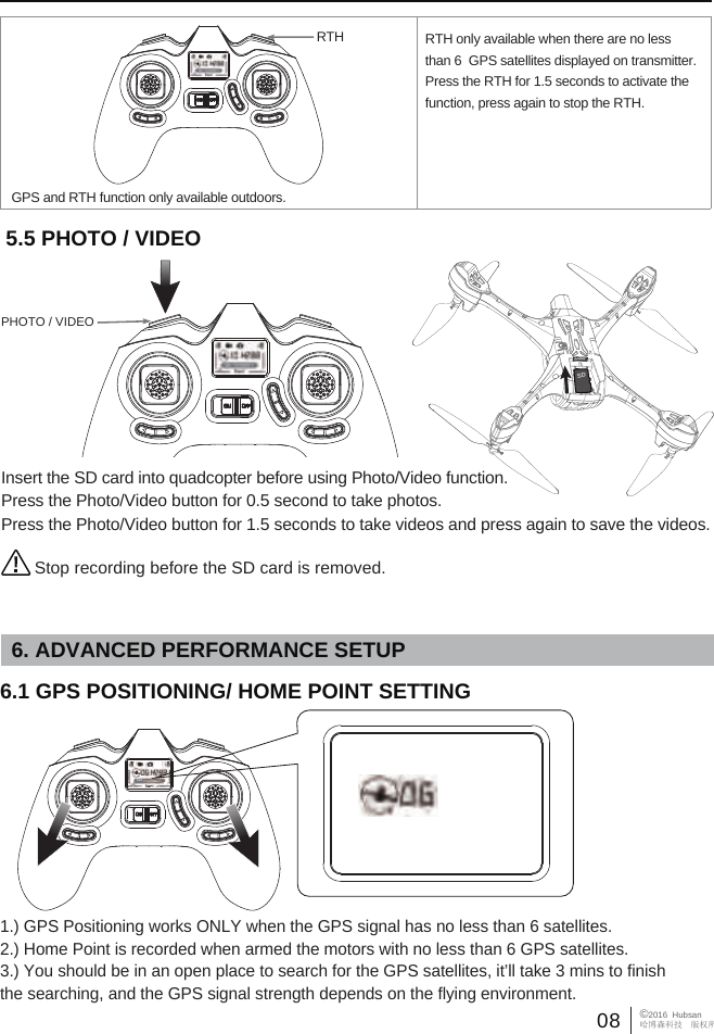 08&copy;2016  Hubsan哈博森科技　版权所有Insert the SD card into quadcopter before using Photo/Video function.Press the Photo/Video button for 0.5 second to take photos.  Press the Photo/Video button for 1.5 seconds to take videos and press again to save the videos.   5.5 PHOTO / VIDEOStop recording before the SD card is removed.PHOTO / VIDEO6.1 GPS POSITIONING/ HOME POINT SETTING1.) GPS Positioning works ONLY when the GPS signal has no less than 6 satellites.2.) Home Point is recorded when armed the motors with no less than 6 GPS satellites.3.) You should be in an open place to search for the GPS satellites, it&rsquo;ll take 3 mins to finish the searching, and the GPS signal strength depends on the flying environment.6. ADVANCED PERFORMANCE SETUPSetSetRTH only available when there are no less than 6  GPS satellites displayed on transmitter.Press the RTH for 1.5 seconds to activate the function, press again to stop the RTH. GPS and RTH function only available outdoors.RTHSD