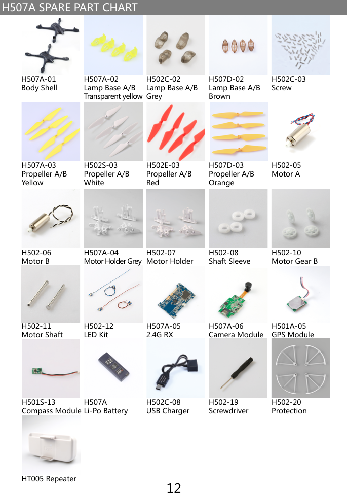 H507A SPARE PART CHARTH507A-01Body ShellH507A-02Lamp Base A/BTransparent yellowH507D-02Lamp Base A/BBrownH502S-03Propeller A/BWhiteH507A-04Motor Holder GreyH502-12LED KitH507ALi-Po BatteryH502C-02Lamp Base A/BGreyH502E-03Propeller A/BRedH502-07Motor HolderH507A-052.4G RXH502C-08USB ChargerH507A-03Propeller A/BYellowH502-06Motor BH502-11Motor ShaftH501S-13Compass ModuleH501A-04HT005 RepeaterH507D-03Propeller A/BOrangeH502-08Shaft SleeveH507A-06Camera ModuleH502-19ScrewdriverH502C-03ScrewH502-05Motor AH502-10Motor Gear BH501A-05GPS ModuleH502-20Protection12