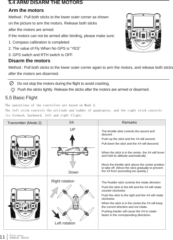 11&copy;2016  Hubsan哈博森科技　版权所有 5.5 Basic FlightThe operations of the controller are based on Mode 2.The left stick controls the altitude and rudder of quadcopter, and the right stick controlsits forward, backward, left and right flight.Transmitter (Mode 2) X4  RemarksThe throttle stick controls the ascent and descent . Push up the stick and the X4 will ascend.Pull down the stick and the X4 will descend.When the stick is in the center, the X4 will hover and hold its alititude automatically .Move the throttle stick above the center position to take off. (Move the stick gradually to prevent the X4 from ascending too quickly.)UPDownThe Rudder stick controls the rotate direction Push the stick to the left and the X4 will rotate counter-clockwisePush the stick to the right and the X4 will rotate clockwise.When the stick is in the center,the X4 will keep the current direction and not rotate.Pushing harder will cause the X4 to rotate faster in the corresponding directions.     Right rotationLeft rotation5.4 ARM/ DISARM THE MOTORS Arm the motorsMethod : Pull both sticks to the lower outer corner as shownon the picture to arm the motors. Release both sticks after the motors are armed.If the motors can not be armed after binding, please make sure:1. Compass calibration is completed2. The value of Fly When No GPS is &ldquo;YES&rdquo;3. GPS switch and RTH switch is OFF.Disarm the motorsMethod : Pull both sticks to the lower outer corner again to arm the motors, and release both sticks after the motors are disarmed.  Do not stop the motors during the flight to avoid crashing. Push the sticks lightly. Release the sticks after the motors are armed or disarmed.
