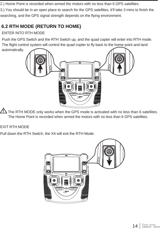 14&copy;2016  Hubsan哈博森科技　版权所有The Home Point is recorded when armed the motors with no less than 6 GPS satellites.!The RTH MODE only works when the GPS mode is activated with no less than 6 satellites.6.2 RTH MODE (RETURN TO HOME)ENTER INTO RTH MODEPush the GPS Switch and the RTH Switch up, and the quad copter will enter into RTH mode. The flight control system will control the quad copter to fly back to the home point and land automatically.           Pull down the RTH Switch, the X4 will exit the RTH Mode.EXIT RTH MODE2.) Home Point is recorded when armed the motors with no less than 6 GPS satellites.3.) You should be in an open place to search for the GPS satellites, it&rsquo;ll take 3 mins to finish the searching, and the GPS signal strength depends on the flying environment.