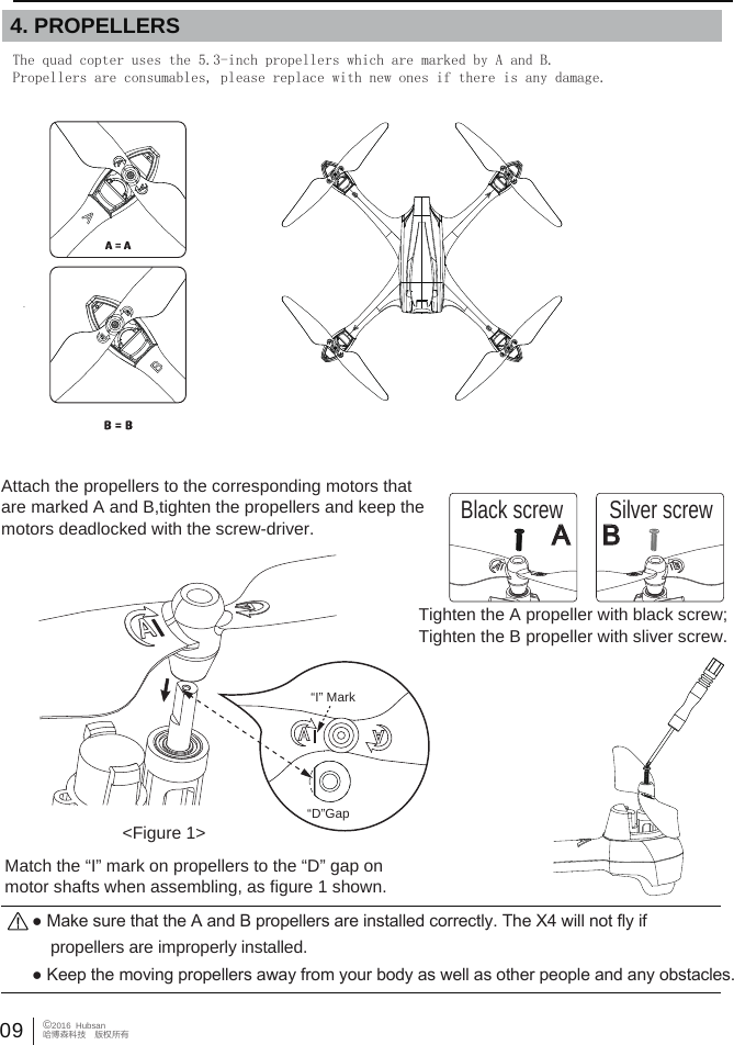 The quad copter uses the 5.3-inch propellers which are marked by A and B.Propellers are consumables, please replace with new ones if there is any damage.  09&copy;2016  Hubsan哈博森科技　版权所有  4. PROPELLERS Attach the propellers to the corresponding motors that are marked A and B,tighten the propellers and keep the motors deadlocked with the screw-driver. ● Keep the moving propellers away from your body as well as other people and any obstacles.● Make sure that the A and B propellers are installed correctly. The X4 will not fly if     propellers are improperly installed. Match the &ldquo;I&rdquo; mark on propellers to the &ldquo;D&rdquo; gap on motor shafts when assembling, as figure 1 shown.&ldquo;I&rdquo; Mark&ldquo;D&rdquo;Gap<Figure 1>Black screw Silver screwTighten the A propeller with black screw; Tighten the B propeller with sliver screw.A B