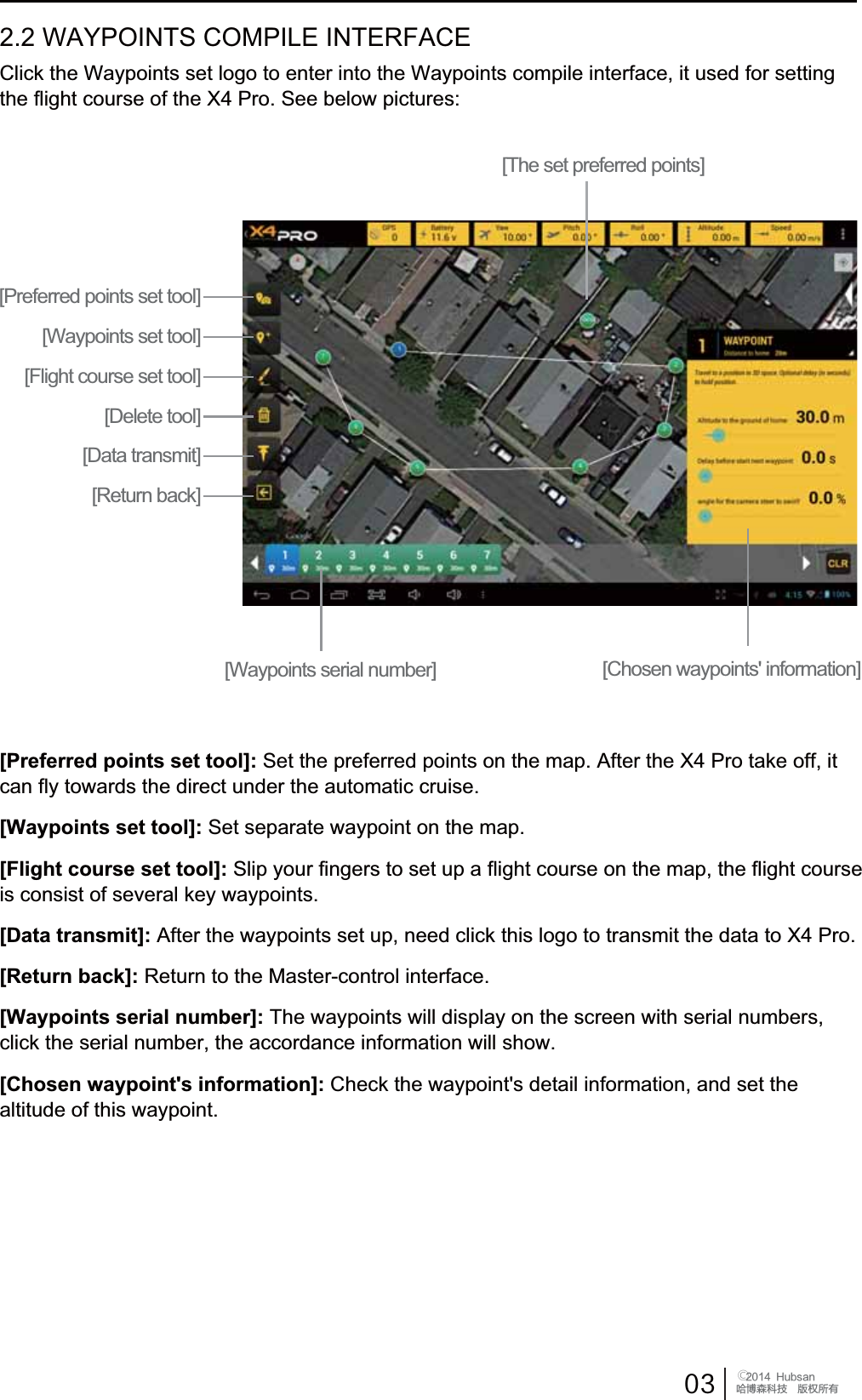  󰔢)VCTBOֻӰ೨ሙ੿ǋྠిਫ਼ద2.2 WAYPOINTS COMPILE INTERFACE[Preferred points set tool]:6HWWKHSUHIHUUHGSRLQWVRQWKHPDS$IWHUWKH;3URWDNHRIILWcan fly towards the direct under the automatic cruise.[Waypoints set tool]: Set separate waypoint on the map.[Flight course set tool]: Slip your fingers to set up a flight course on the map, the flight course LVFRQVLVWRIVHYHUDONH\ZD\SRLQWV[Data transmit]:$IWHUWKHZD\SRLQWVVHWXSQHHGFOLFNWKLVORJRWRWUDQVPLWWKHGDWDWR;3UR[Return back]: Return to the Master-control interface.[Waypoints serial number]: The waypoints will display on the screen with serial numbers, FOLFNWKHVHULDOQXPEHUWKHDFFRUGDQFHLQIRUPDWLRQZLOOVKRZ[Chosen waypoint's information]: &amp;KHFNWKHZD\SRLQWVGHWDLOLQIRUPDWLRQDQGVHWWKHaltitude of this waypoint.[Preferred points set tool][Waypoints set tool][Flight course set tool][Delete tool][Data transmit][Waypoints serial number] [Chosen waypoints' information][The set preferred points]>5HWXUQEDFN@&amp;OLFNWKH:D\SRLQWVVHWORJRWRHQWHULQWRWKH:D\SRLQWVFRPSLOHLQWHUIDFHLWXVHGIRUVHWWLQJthe flight course of the X4 Pro. See below pictures: