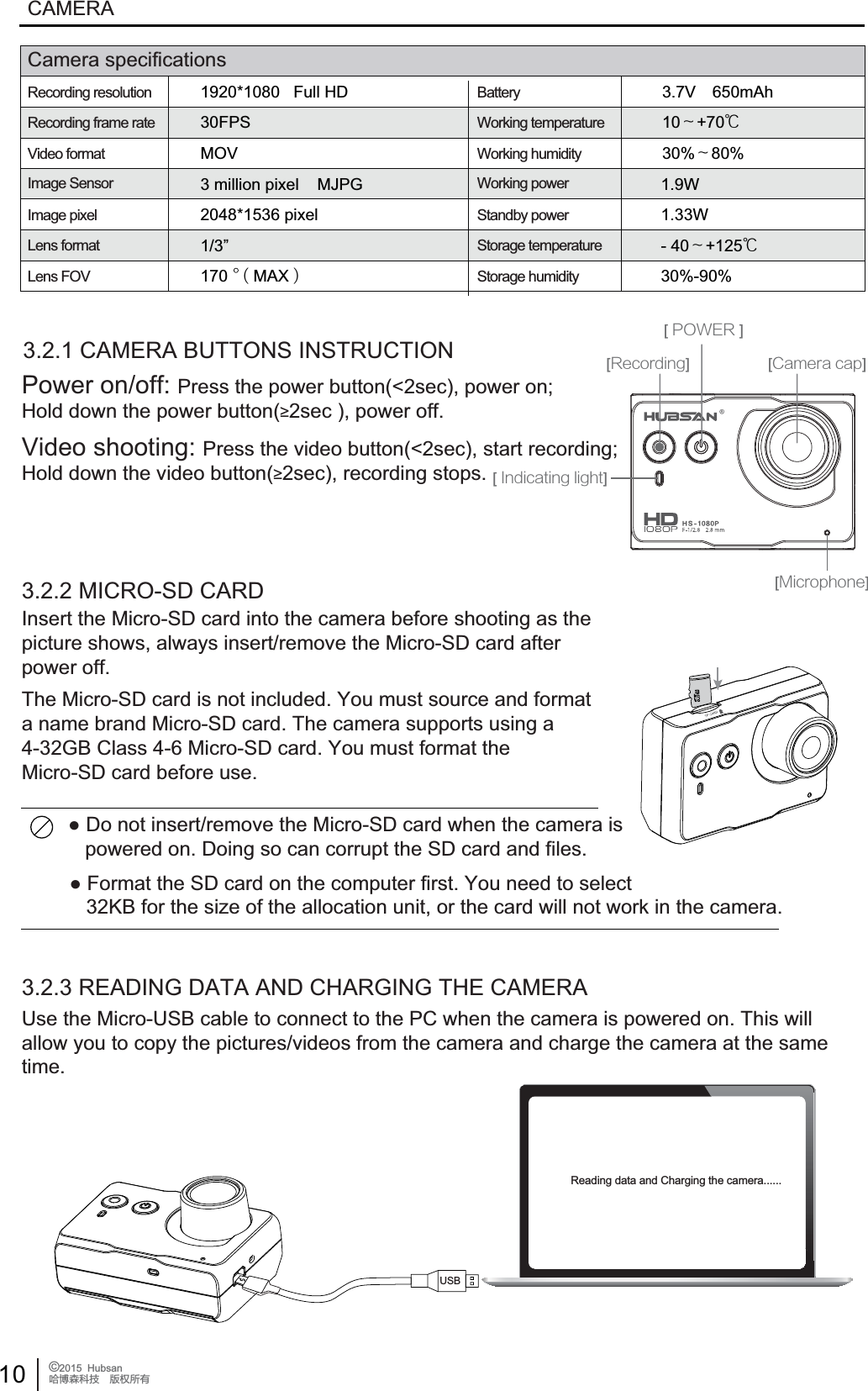 10 &copy;2015  HubsanֻӰ೨ሙ੿ǋྠిਫ਼దCamera specificationsRecording resolutionRecording frame rateVideo formatImage SensorImage pixelLens formatLens FOVBatteryWorking temperatureWorking humidityWorking powerStandby powerStorage temperatureStorage humidity1920*1080   Full HD30FPSMOV3 million pixel    MJPG2048*1536 pixel1/3&rdquo;170 ᶮMAXᶯ1.9W1.33W- 40Ḅ+125Ć30%-90%3.7Vǋ650mAh10Ḅ+70Ć30%Ḅ80%CAMERAPower on/off: Press the power button(<2sec), power on; Hold down the power button(2sec ), power off.Video shooting: Press the video button(<2sec), start recording; Hold down the video button(2sec), recording stops.3.2.2 MICRO-SD CARD3.2.3 READING DATA AND CHARGING THE CAMERA[108&amp;3][3FDPSEJOH][$BNFSBDBQ][*OEJDBUJOHMJHIU][.JDSPQIPOF]Ɣ'RQRWLQVHUWUHPRYHWKH0LFUR6'FDUGZKHQWKHFDPHUDLV   powered on. Doing so can corrupt the SD card and files.USBInsert the Micro-SD card into the camera before shooting as the picture shows, always insert/remove the Micro-SD card after power off.The Micro-SD card is not included. You must source and format a name brand Micro-SD card. The camera supports using a 4-32GB Class 4-6 Micro-SD card. You must format the Micro-SD card before use.Use the Micro-USB cable to connect to the PC when the camera is powered on. This willallow you to copy the pictures/videos from the camera and charge the camera at the sametime.Reading data and Charging the camera......3.2.1 CAMERA BUTTONS INSTRUCTIONƔ)RUPDWWKH6'FDUGRQWKHFRPSXWHUILUVW<RXQHHGWRVHOHFW   32KB for the size of the allocation unit, or the card will not work in the camera.