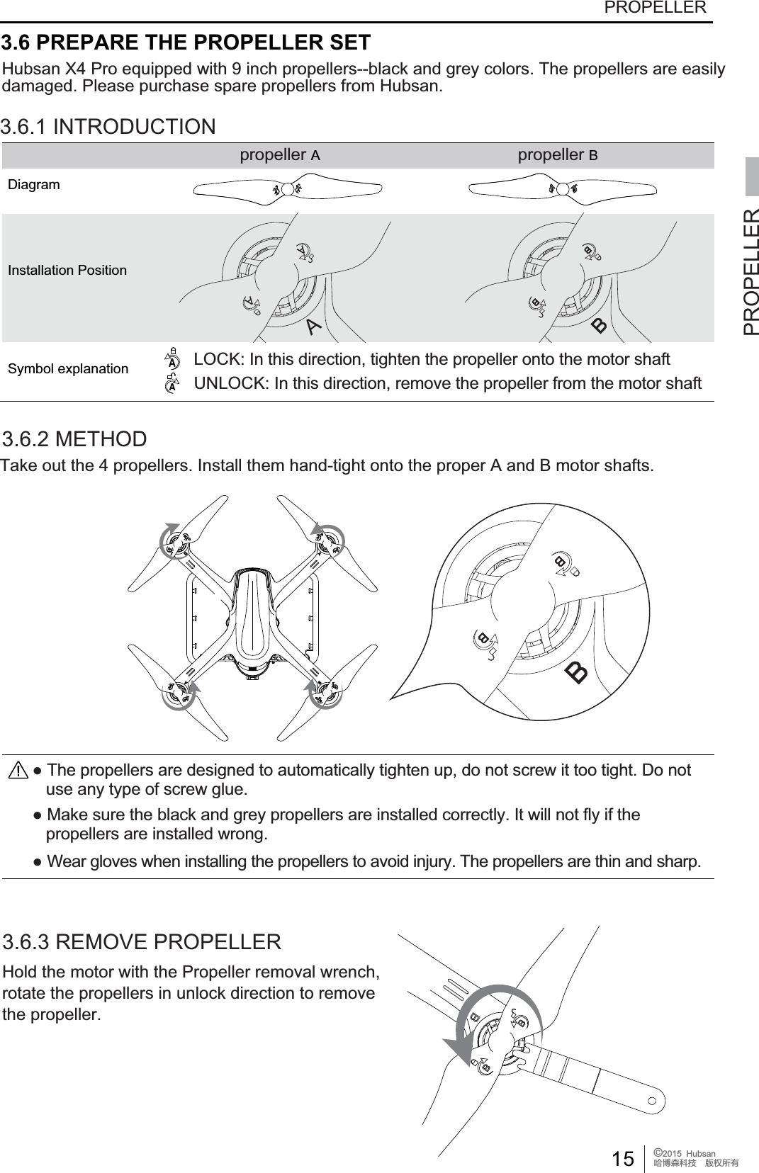 15 &copy;2015  HubsanֻӰ೨ሙ੿ǋྠిਫ਼దPROPELLERPROPELLERƔ7KHSURSHOOHUVDUHGHVLJQHGWRDXWRPDWLFDOO\WLJKWHQXSGRQRWVFUHZLWWRRWLJKW'RQRW   use any type of screw glue.Ɣ0DNHVXUHWKHEODFNDQGJUH\SURSHOOHUVDUHLQVWDOOHGFRUUHFWO\,WZLOOQRWIO\LIWKH   propellers are installed wrong.ƔWear gloves when installing the propellers to avoid injury. The propellers are thin and sharp.3.6 PREPARE THE PROPELLER SETHubsan X4 Pro equipped with 9 inch propellers--black and grey colors. The propellers are easilydamaged. Please purchase spare propellers from Hubsan.3.6.1 INTRODUCTION propeller A propeller BDiagramInstallation PositionSymbol explanation LOCK: In this direction, tighten the propeller onto the motor shaftUNLOCK: In this direction, remove the propeller from the motor shaft3.6.2 METHOD3.6.3 REMOVE PROPELLERHold the motor with the Propeller removal wrench,rotate the propellers in unlock direction to removethe propeller.AAATake out the 4 propellers. Install them hand-tight onto the proper A and B motor shafts.