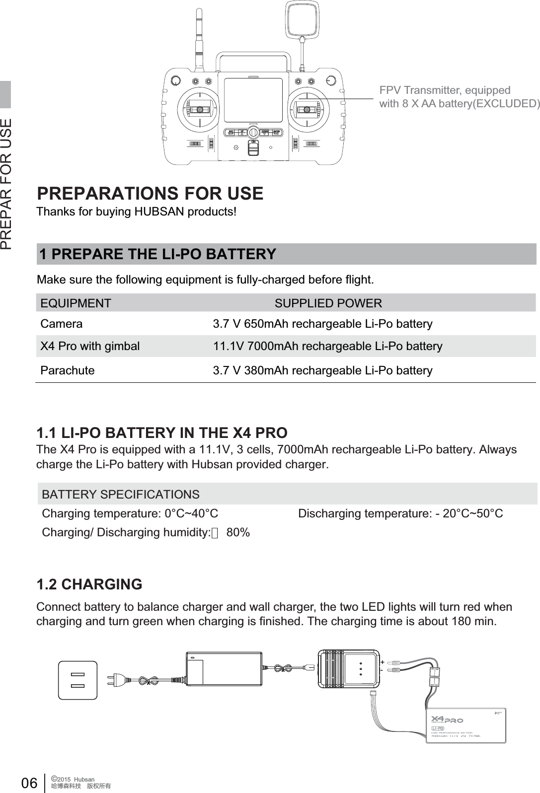 06 &copy;2015  HubsanֻӰ೨ሙ੿ǋྠిਫ਼దFPV Transmitter, equipped with 8 X AA battery(EXCLUDED)PREPAR FOR USEEQUIPMENT SUPPLIED POWER3.7 V 650mAh rechargeable Li-Po batteryCamera3.7 V 380mAh rechargeable Li-Po batteryParachuteX4 Pro with gimbal 11.1V 7000mAh rechargeable Li-Po battery+-PREPARATIONS FOR USE1 PREPARE THE LI-PO BATTERYMake sure the following equipment is fully-charged before flight.1.1 LI-PO BATTERY IN THE X4 PROBATTERY SPECIFICATIONSCharging temperature: 0&deg;C~40&deg;C                        Discharging temperature: - 20&deg;C~50&deg;CCharging/ Discharging humidity:＜ 80%Thanks for buying HUBSAN products!1.2 CHARGINGConnect battery to balance charger and wall charger, the two LED lights will turn red whencharging and turn green when charging is finished. The charging time is about 180 min.The X4 Pro is equipped with a 11.1V, 3 cells, 7000mAh rechargeable Li-Po battery. Always charge the Li-Po battery with Hubsan provided charger.