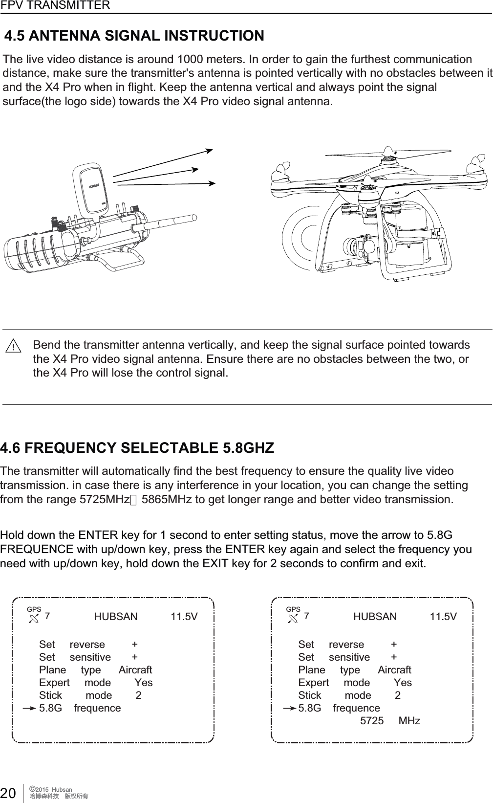 FPV TRANSMITTER20 &copy;2015  HubsanֻӰ೨ሙ੿ǋྠిਫ਼ద4.5 ANTENNA SIGNAL INSTRUCTION7KHOLYHYLGHRGLVWDQFHLVDURXQGPHWHUV,QRUGHUWRJDLQWKHIXUWKHVWFRPPXQLFDWLRQGLVWDQFHPDNHVXUHWKHWUDQVPLWWHUVDQWHQQDLVSRLQWHGYHUWLFDOO\ZLWKQRREVWDFOHVEHWZHHQLWDQGWKH;3URZKHQLQIOLJKW.HHSWKHDQWHQQDYHUWLFDODQGDOZD\VSRLQWWKHVLJQDOVXUIDFHWKHORJRVLGHWRZDUGVWKH;3URYLGHRVLJQDODQWHQQD7KHWUDQVPLWWHUZLOODXWRPDWLFDOO\ILQGWKHEHVWIUHTXHQF\WRHQVXUHWKHTXDOLW\OLYHYLGHRtransmission. in case there is any interference in your location, you can change the setting from the range 5725MHz～0+]WRJHWORQJHUUDQJHDQGEHWWHUYLGHRWUDQVPLVVLRQ4.6 FREQUENCY SELECTABLE 5.8GHZ HUBSAN 11.5V6HWUHYHUVH6HWVHQVLWLYHPlane     type      Aircraft([SHUW mode        Yes6WLFNPRGH5.8G frequence+ROGGRZQWKH(17(5NH\IRUVHFRQGWRHQWHUVHWWLQJVWDWXVPRYHWKHDUURZWR*)5(48(1&amp;(ZLWKXSGRZQNH\SUHVVWKH(17(5NH\DJDLQDQGVHOHFWWKHIUHTXHQF\\RXQHHGZLWKXSGRZQNH\KROGGRZQWKH(;,7NH\IRUVHFRQGVWRFRQILUPDQGH[LW7GPS HUBSAN 11.5V6HWUHYHUVH6HWVHQVLWLYHPlane     type      Aircraft([SHUW mode        Yes6WLFNPRGH5.8G frequence                     5725     MHz7GPS%HQGWKHWUDQVPLWWHUDQWHQQDYHUWLFDOO\DQGNHHSWKHVLJQDOVXUIDFHSRLQWHGWRZDUGVWKH;3URYLGHRVLJQDODQWHQQD(QVXUHWKHUHDUHQRREVWDFOHVEHWZHHQWKHWZRRUthe X4 Pro will lose the control signal.
