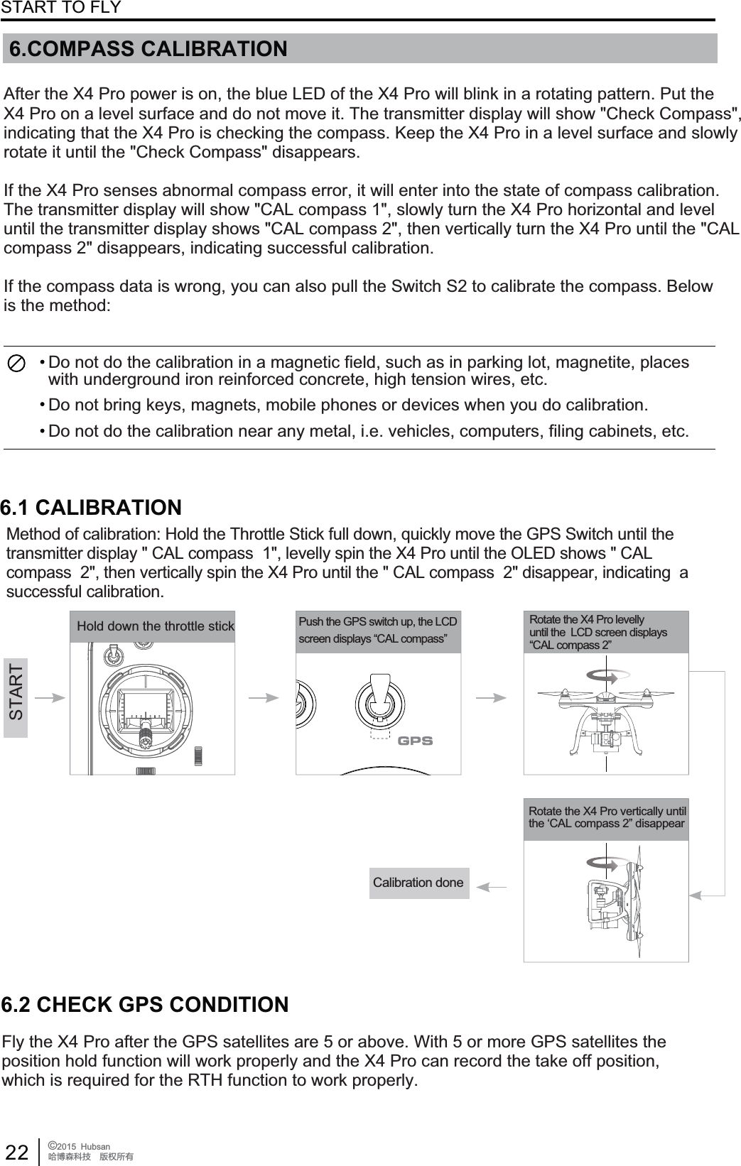 22 &copy;2015  HubsanֻӰ೨ሙ੿ǋྠిਫ਼ద6.COMPASS CALIBRATIONSTART TO FLY6.2 CHECK GPS CONDITION+ROGGRZQWKHWKURWWOHVWLFN 3XVKWKH*36VZLWFKXSWKH/&amp;'VFUHHQGLVSOD\V&sup3;&amp;$/FRPSDVV&acute;5RWDWHWKH;3UROHYHOO\XQWLOWKH/&amp;'VFUHHQGLVSOD\V&sup3;&amp;$/FRPSDVV&acute;5RWDWHWKH;3URYHUWLFDOO\XQWLOWKH&micro;&amp;$/FRPSDVV&acute;GLVDSSHDUSTART&amp;DOLEUDWLRQGRQH6.1 CALIBRATION0HWKRGRIFDOLEUDWLRQ+ROGWKH7KURWWOH6WLFNIXOOGRZQTXLFNO\PRYHWKH*366ZLWFKXQWLOWKHWUDQVPLWWHUGLVSOD\&amp;$/FRPSDVVOHYHOO\VSLQWKH;3URXQWLOWKH2/('VKRZV&amp;$/FRPSDVVWKHQYHUWLFDOO\VSLQWKH;3URXQWLOWKH&amp;$/FRPSDVVGLVDSSHDULQGLFDWLQJDsuccessful calibration.)O\WKH;3URDIWHUWKH*36VDWHOOLWHVDUHRUDERYH:LWKRUPRUH*36VDWHOOLWHVWKHSRVLWLRQKROGIXQFWLRQZLOOZRUNSURSHUO\DQGWKH;3URFDQUHFRUGWKHWDNHRIISRVLWLRQZKLFKLVUHTXLUHGIRUWKH57+IXQFWLRQWRZRUNSURSHUO\'RQRWGRWKHFDOLEUDWLRQLQDPDJQHWLFILHOGVXFKDVLQSDUNLQJORWPDJQHWLWHSODFHVwith underground iron reinforced concrete, high tension wires, etc.'RQRWEULQJNH\VPDJQHWVPRELOHSKRQHVRUGHYLFHVZKHQ\RXGRFDOLEUDWLRQ'RQRWGRWKHFDOLEUDWLRQQHDUDQ\PHWDOLHYHKLFOHVFRPSXWHUVILOLQJFDELQHWVHWF$IWHUWKH;3URSRZHULVRQWKHEOXH/('RIWKH;3URZLOOEOLQNLQDURWDWLQJSDWWHUQ3XWWKH;3URRQDOHYHOVXUIDFHDQGGRQRWPRYHLW7KHWUDQVPLWWHUGLVSOD\ZLOOVKRZ&amp;KHFN&amp;RPSDVVLQGLFDWLQJWKDWWKH;3URLVFKHFNLQJWKHFRPSDVV.HHSWKH;3URLQDOHYHOVXUIDFHDQGVORZO\URWDWHLWXQWLOWKH&amp;KHFN&amp;RPSDVVGLVDSSHDUVIf the X4 Pro senses abnormal compass error, it will enter into the state of compass calibration. 7KHWUDQVPLWWHUGLVSOD\ZLOOVKRZ&amp;$/FRPSDVVVORZO\WXUQWKH;3URKRUL]RQWDODQGOHYHOXQWLOWKHWUDQVPLWWHUGLVSOD\VKRZV&amp;$/FRPSDVVWKHQYHUWLFDOO\WXUQWKH;3URXQWLOWKH&amp;$/compass 2" disappears, indicating successful calibration.If the compass data is wrong, you can also pull the Switch S2 to calibrate the compass. Belowis the method: