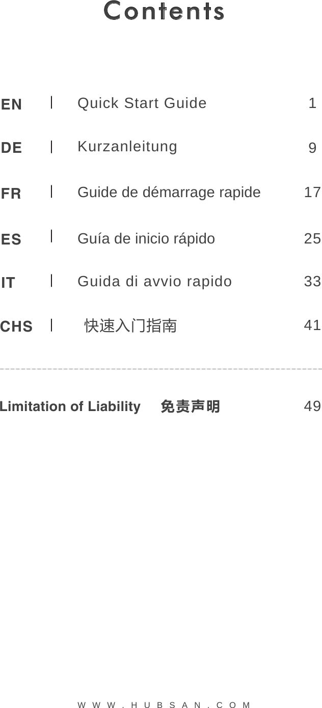 ContentsENDEFRESITCHSLimitation of Liability     ұઐבރQuick Start Guide KurzanleitungGuida di avvio rapidoGuide de d&eacute;marrage rapideGu&iacute;a de inicio r&aacute;pido191725334149ڽବҵ୹ܶԧWWW.HUBSAN.COM
