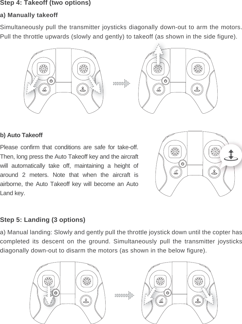 Step 4: Takeoff (two options)a) Manually takeoff Simultaneously pull the transmitter joysticks diagonally down-out to arm the motors. Pull the throttle upwards (slowly and gently) to takeoff (as shown in the side figure).Step 5: Landing (3 options)a) Manual landing: Slowly and gently pull the throttle joystick down until the copter has completed its descent on the ground. Simultaneously pull the transmitter joysticks diagonally down-out to disarm the motors (as shown in the below figure).b) Auto TakeoffPlease confirm that conditions are safe for take-off. Then, long press the Auto Takeoff key and the aircraft will automatically take off, maintaining a height of around 2 meters. Note that when the aircraft is airborne, the Auto Takeoff key will become an Auto Land key. off (as sh