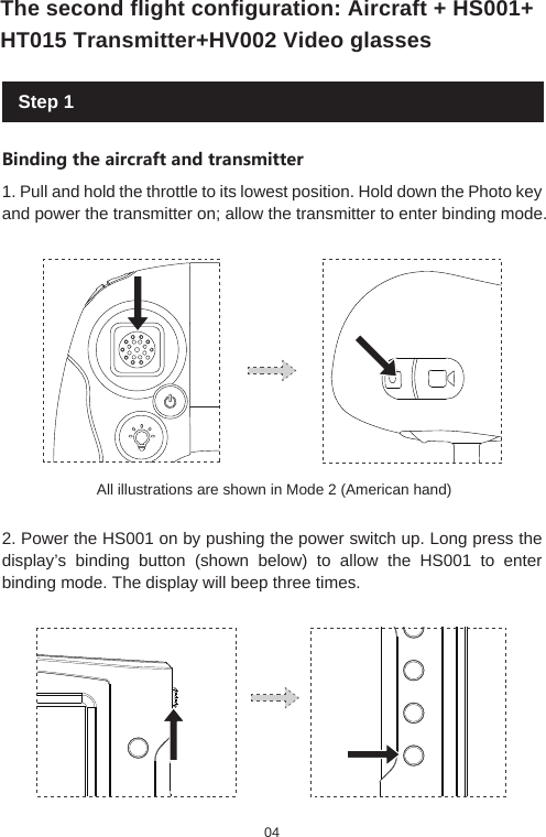 Step 1Binding the aircraft and transmitter1. Pull and hold the throttle to its lowest position. Hold down the Photo key and power the transmitter on; allow the transmitter to enter binding mode.2. Power the HS001 on by pushing the power switch up. Long press the display’s binding button (shown below) to allow the HS001 to enter binding mode. The display will beep three times.04The second flight configuration: Aircraft + HS001+ HT015 Transmitter+HV002 Video glassesAll illustrations are shown in Mode 2 (American hand)