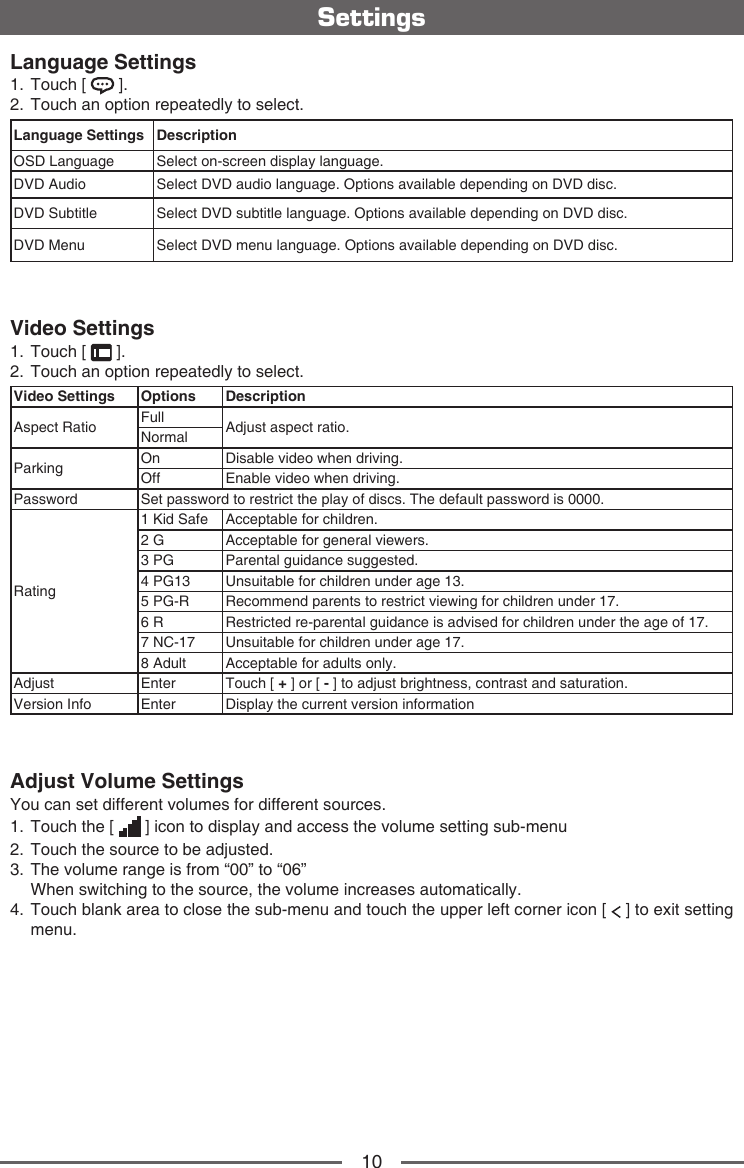 10SettingsLanguage Settings1.  Touch [   ].2.  Touch an option repeatedly to select.Language Settings DescriptionOSD Language Select on-screen display language.DVD Audio Select DVD audio language. Options available depending on DVD disc.DVD Subtitle Select DVD subtitle language. Options available depending on DVD disc.DVD Menu Select DVD menu language. Options available depending on DVD disc.Video Settings1.  Touch [   ].2.  Touch an option repeatedly to select.Video Settings Options DescriptionAspect Ratio Full Adjust aspect ratio.NormalParking On Disable video when driving.Off Enable video when driving.Password Set password to restrict the play of discs. The default password is 0000.Rating1 Kid Safe Acceptable for children.2 G Acceptable for general viewers.3 PG Parental guidance suggested.4 PG13 Unsuitable for children under age 13.5 PG-R Recommend parents to restrict viewing for children under 17.6 R Restricted re-parental guidance is advised for children under the age of 17.7 NC-17 Unsuitable for children under age 17.8 Adult Acceptable for adults only.Adjust Enter Touch [ + ] or [ - ] to adjust brightness, contrast and saturation.Version Info Enter Display the current version informationAdjust Volume SettingsYou can set different volumes for different sources.1.  Touch the [   ] icon to display and access the volume setting sub-menu2.  Touch the source to be adjusted.3.   The volume range is from &ldquo;00&rdquo; to &ldquo;06&rdquo;   When switching to the source, the volume increases automatically.4.  Touch blank area to close the sub-menu and touch the upper left corner icon [   ] to exit setting menu.