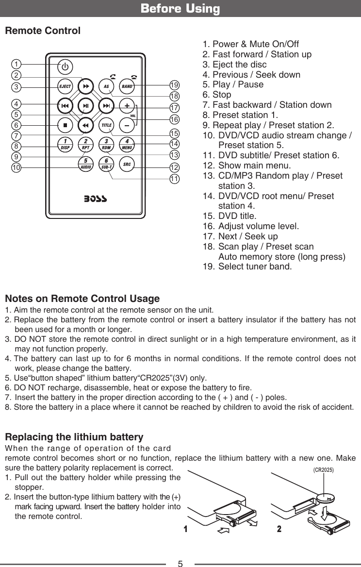 5Before UsingRemote Control1. Power &amp; Mute On/Off2.  Fast forward / Station up3.  Eject the disc4.  Previous / Seek down5.  Play / Pause6.   Stop7.  Fast backward / Station down8.  Preset station 1.9.  Repeat play / Preset station 2.10.  DVD/VCD audio stream change / Preset station 5.11.  DVD subtitle/ Preset station 6.12.  Show main menu.13.  CD/MP3 Random play / Preset station 3.14.  DVD/VCD root menu/ Preset station 4.15.   DVD  title.16.  Adjust volume level.17.  Next / Seek up18.  Scan play / Preset scan     Auto memory store (long press)19.  Select tuner band.Notes on Remote Control Usage1. Aim the remote control at the remote sensor on the unit.2.  Replace the battery from the remote control or insert a battery insulator if the battery has not been used for a month or longer.3.  DO NOT store the remote control in direct sunlight or in a high temperature environment, as it may not function properly.4.  The battery can last up to for 6 months in normal conditions. If the remote control does not  work, please change the battery.5. Use&ldquo;button shaped&rdquo; lithium battery&ldquo;CR2025&rdquo;(3V) only.6. DO NOT recharge, disassemble, heat or expose the battery to re.7.  Insert the battery in the proper direction according to the ( + ) and ( - ) poles.8. Store the battery in a place where it cannot be reached by children to avoid the risk of accident.Replacing the lithium battery When the range of operation of the card remote control becomes short or no function, replace the lithium battery with a new one. Make sure the battery polarity replacement is correct. 1. Pull out the battery holder while pressing the stopper. 2. Insert the button-type lithium battery with the (+) mark facing upward. Insert the battery holder into the remote control.12(CR2025)12345678910111213141516171819